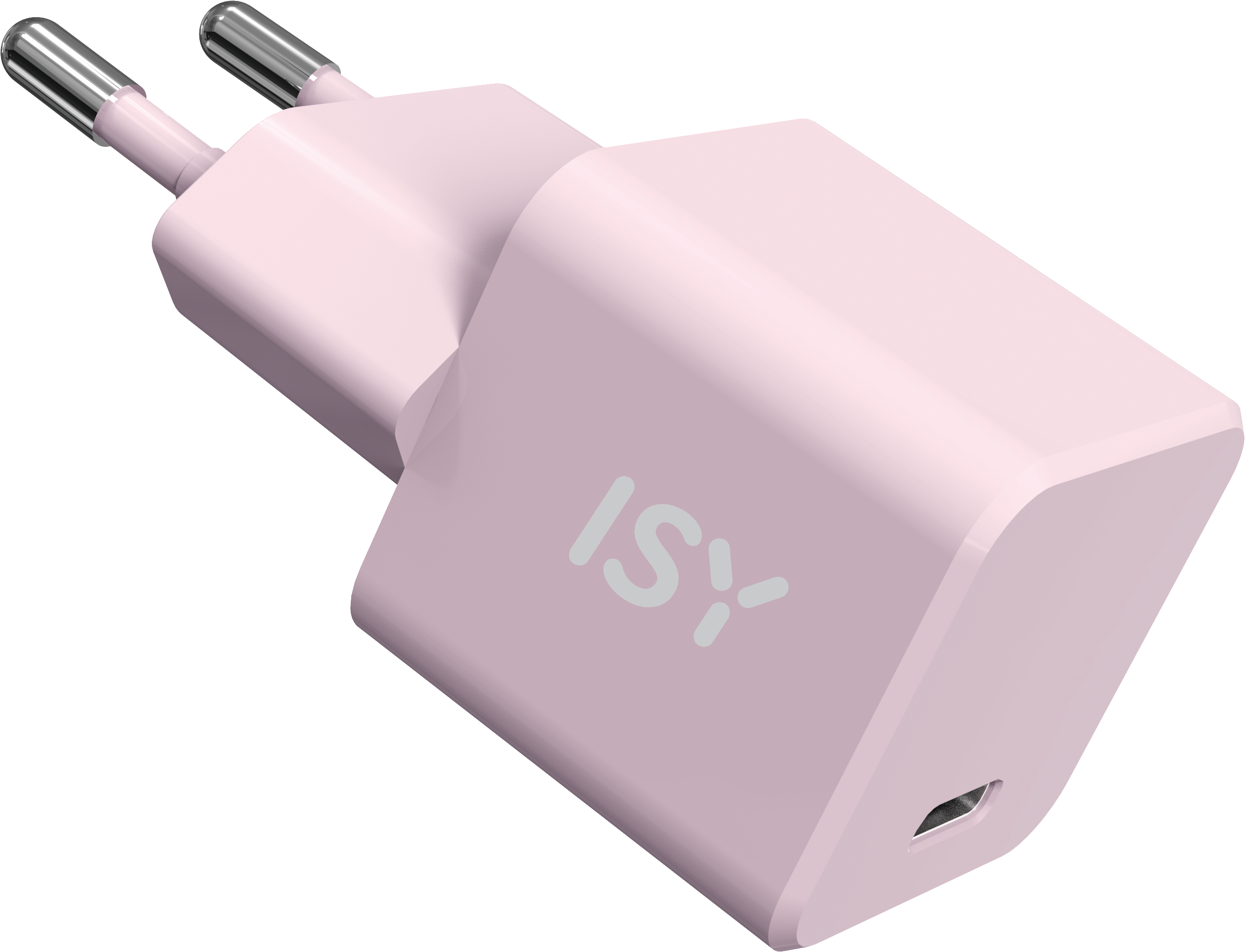 Cargador rosa con dos clavijas. Tiene el logo 'ISY' y un puerto USB-C.