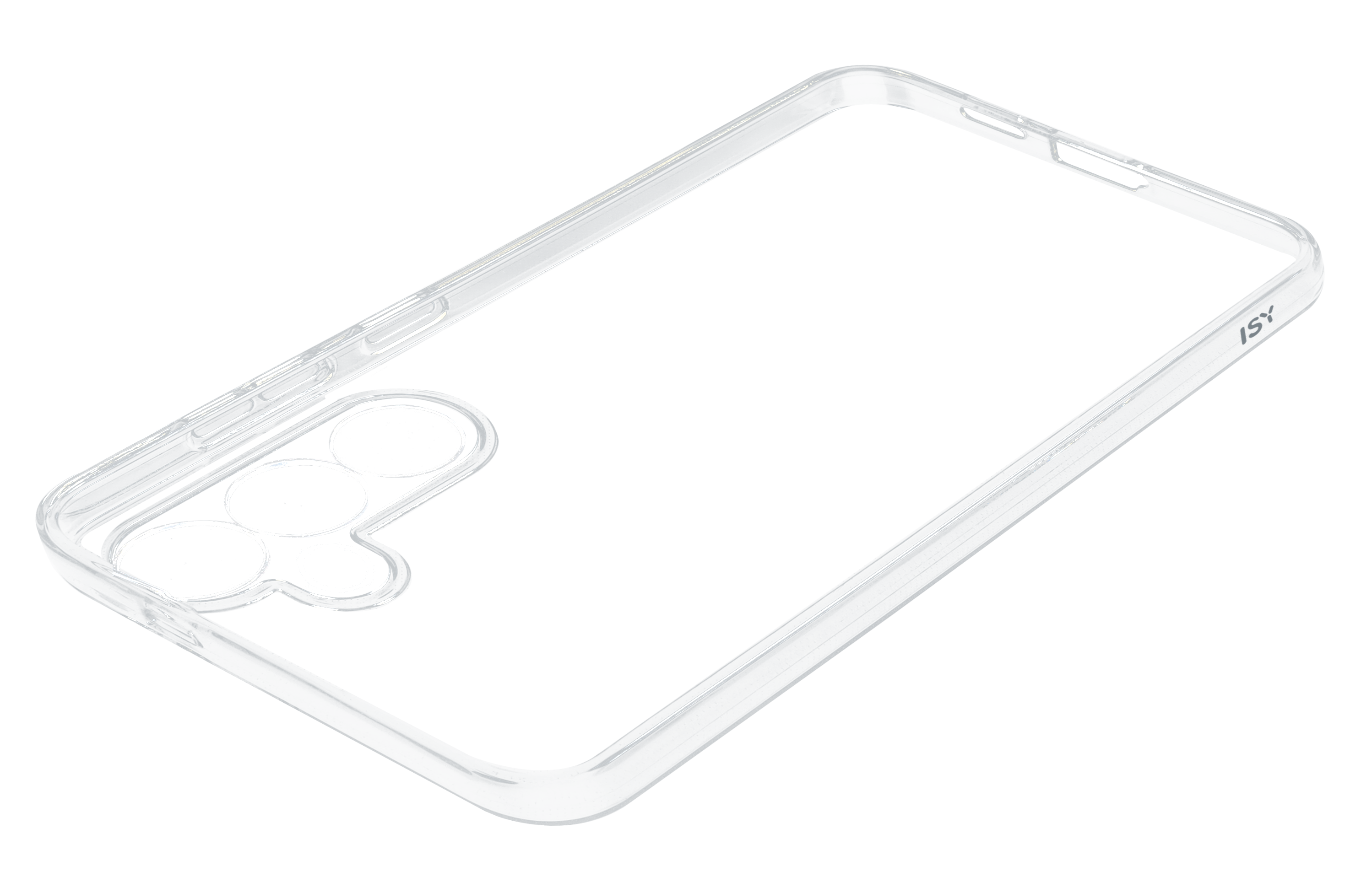 Una funda transparente para teléfono con recorte para la cámara, sobre fondo negro.