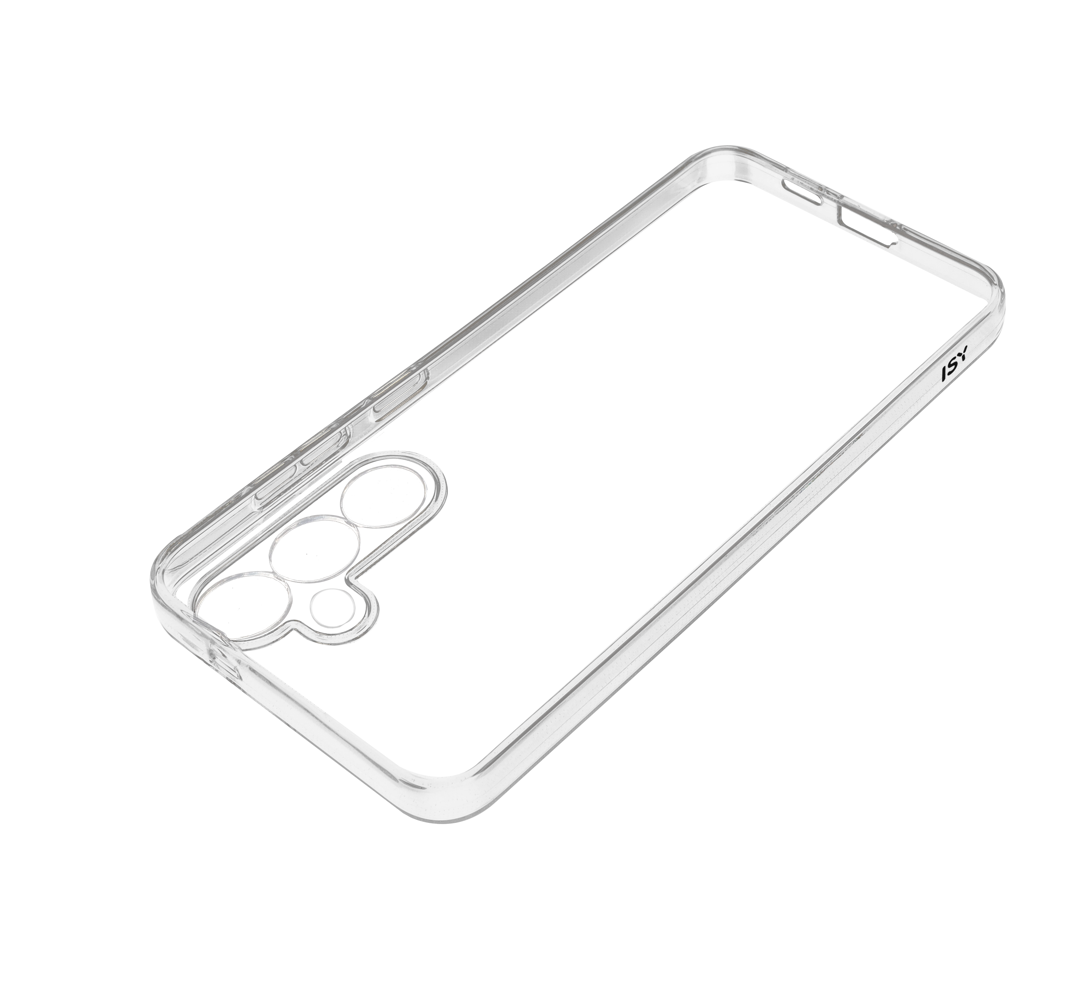 Funda de teléfono transparente sobre fondo negro, mostrando recortes de cámara y forma del teléfono.
