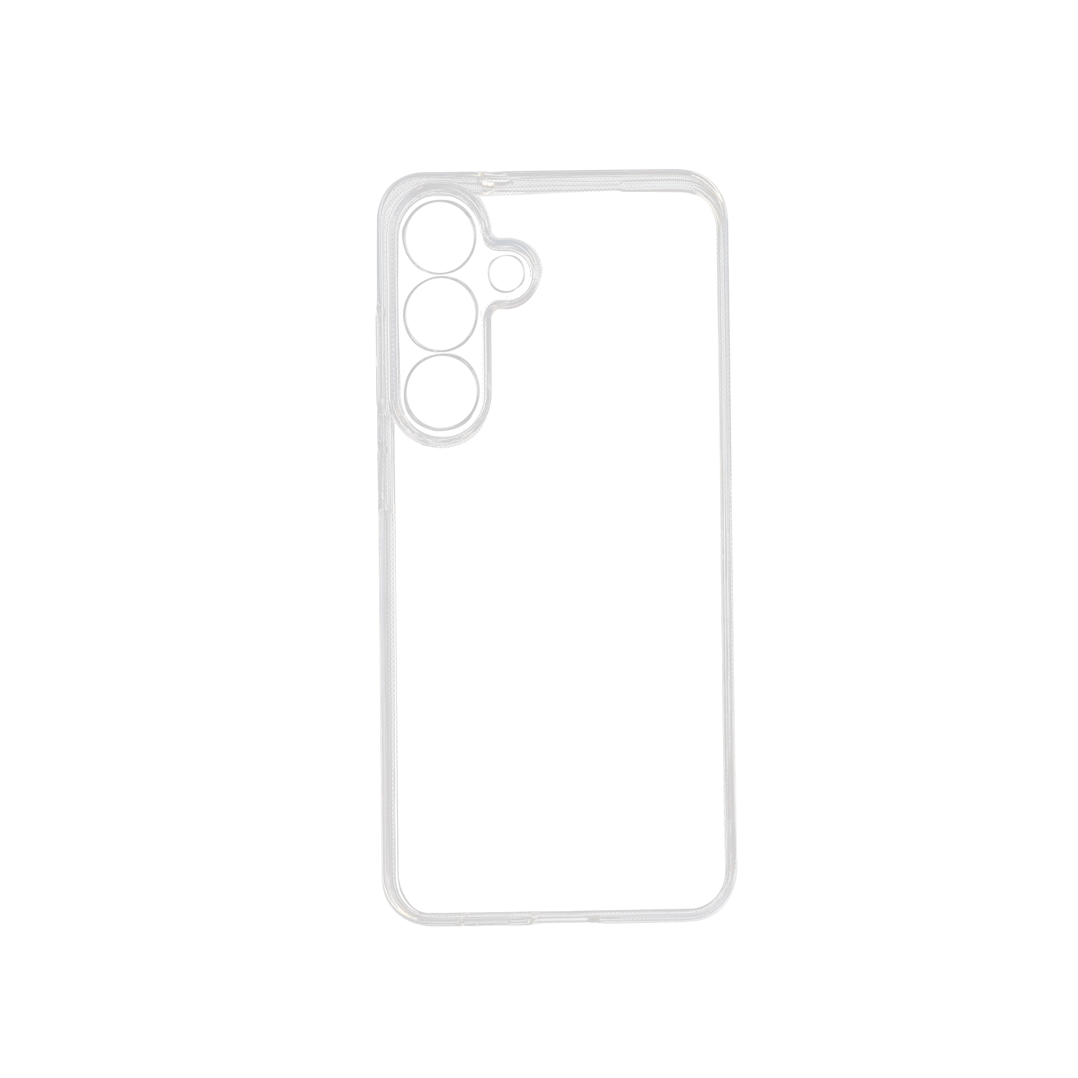 Funda transparente para teléfono. Tiene recortes para la cámara y los botones. Fondo negro.