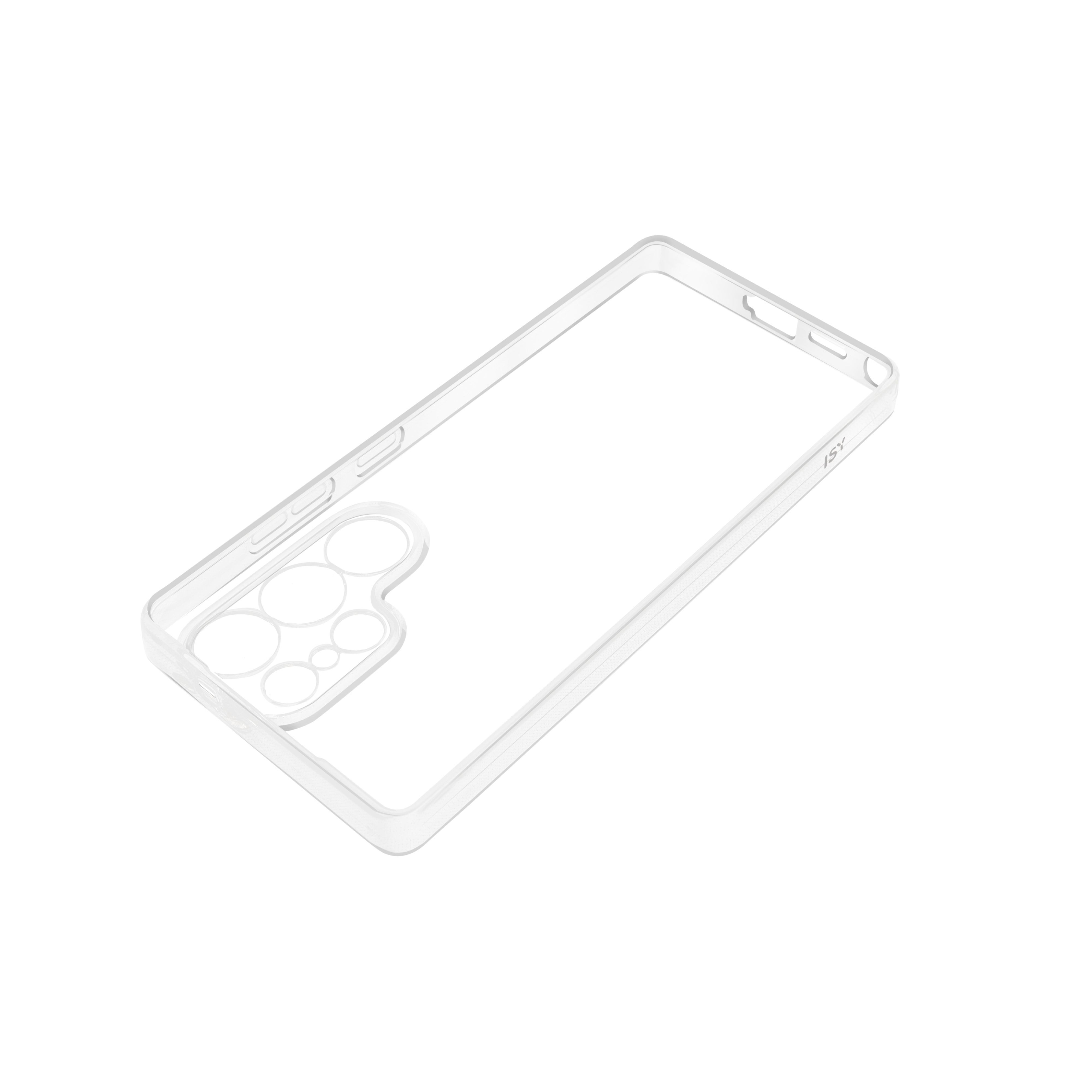 Funda transparente para teléfono, sobre fondo negro. Tiene recortes para la cámara.