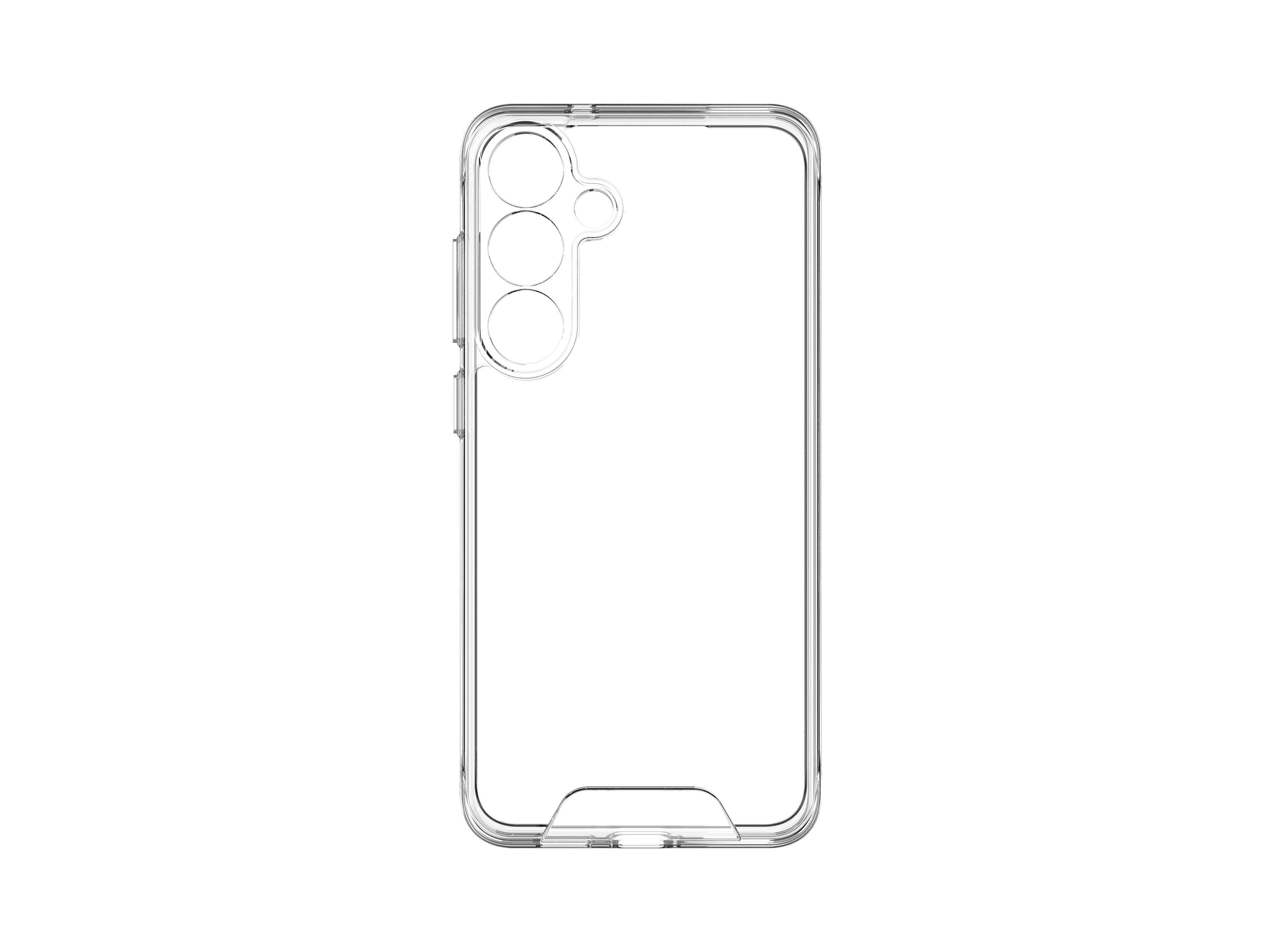 Funda transparente para teléfono con recortes para cámara y un círculo MagSafe blanco sobre fondo negro.