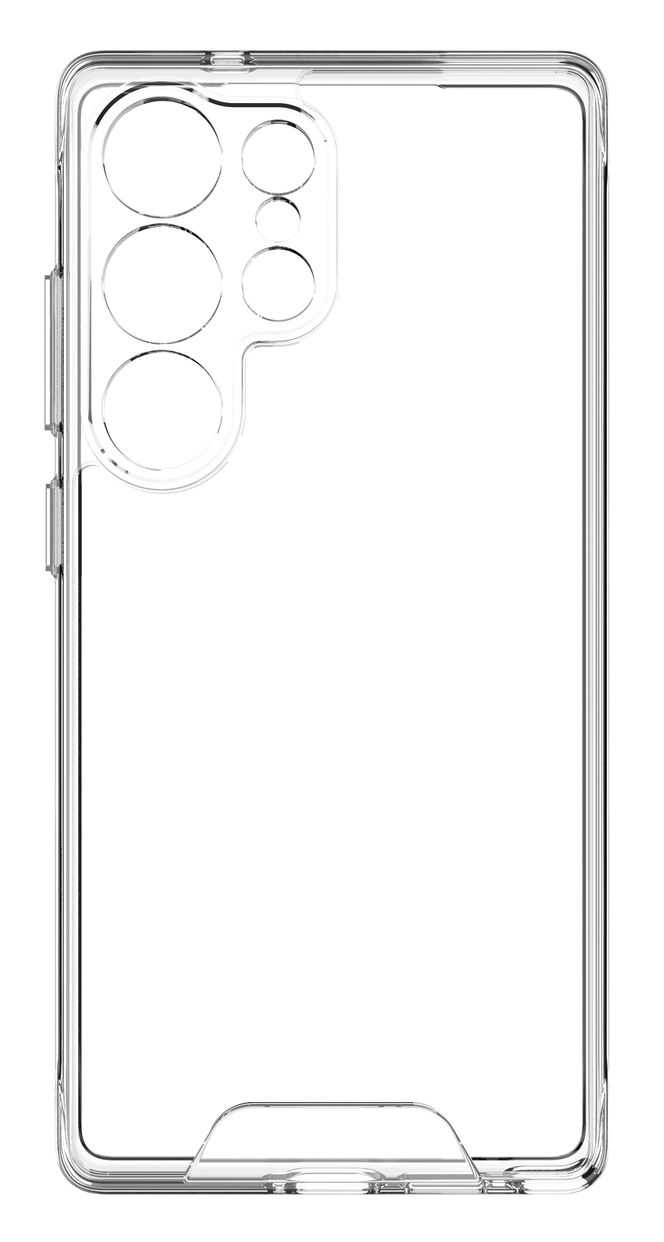 Funda transparente con recorte circular para la cámara. Fondo negro.
