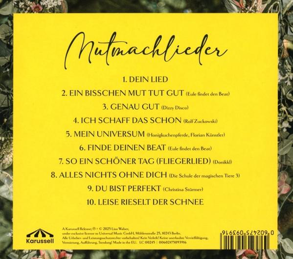 Ein gelbes Albumcover mit der Titelliste in weißem Text. Titel: 'Mutmachlieder'.