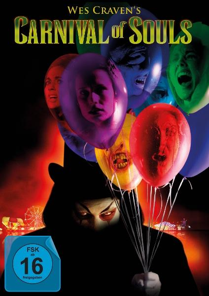 DVD-Cover für Wes Cravens Carnival of Souls. Gesichter in Ballons, eine dunkle Gestalt hält sie. Nachtszene.
