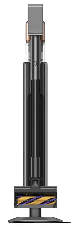 Pionowy odkurzacz, czarny i srebrny, z głowicą szczotkową, na białym tle.