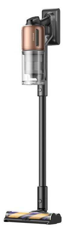 Pionowy odkurzacz bezprzewodowy z brązową górną częścią, na białym tle.