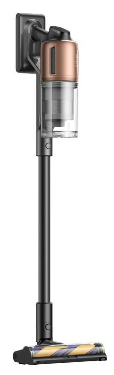 Bezprzewodowy odkurzacz w pozycji pionowej, zamontowany na ścianie.