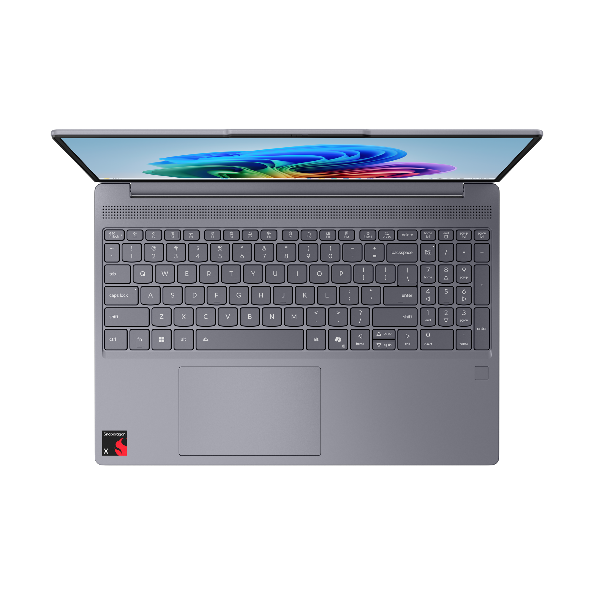 Ein grauer Laptop mit geöffnetem Bildschirm, der einen bunten, abstrakten Hintergrund und eine Tastatur zeigt.