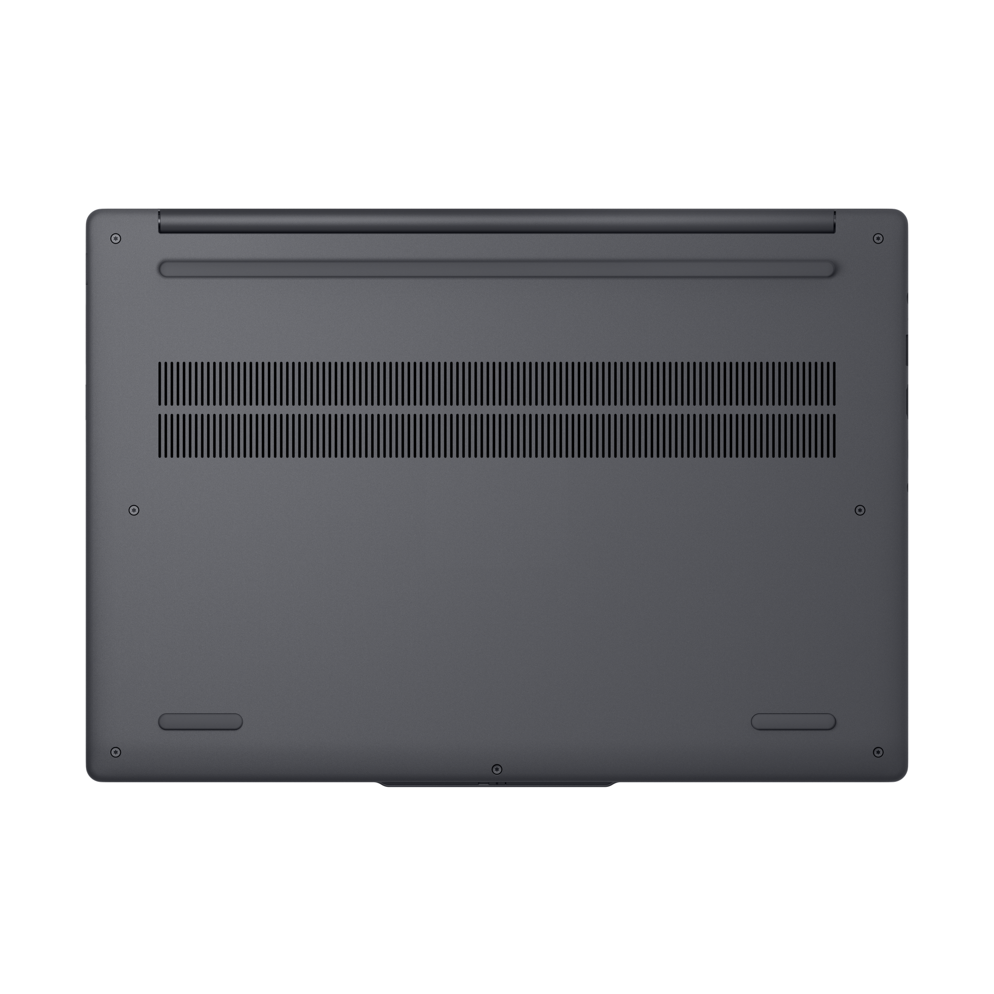 Unteransicht eines dunkelgrauen Laptops mit Lüftungsschlitzen, Schrauben und Füßen, schwarzer Hintergrund.