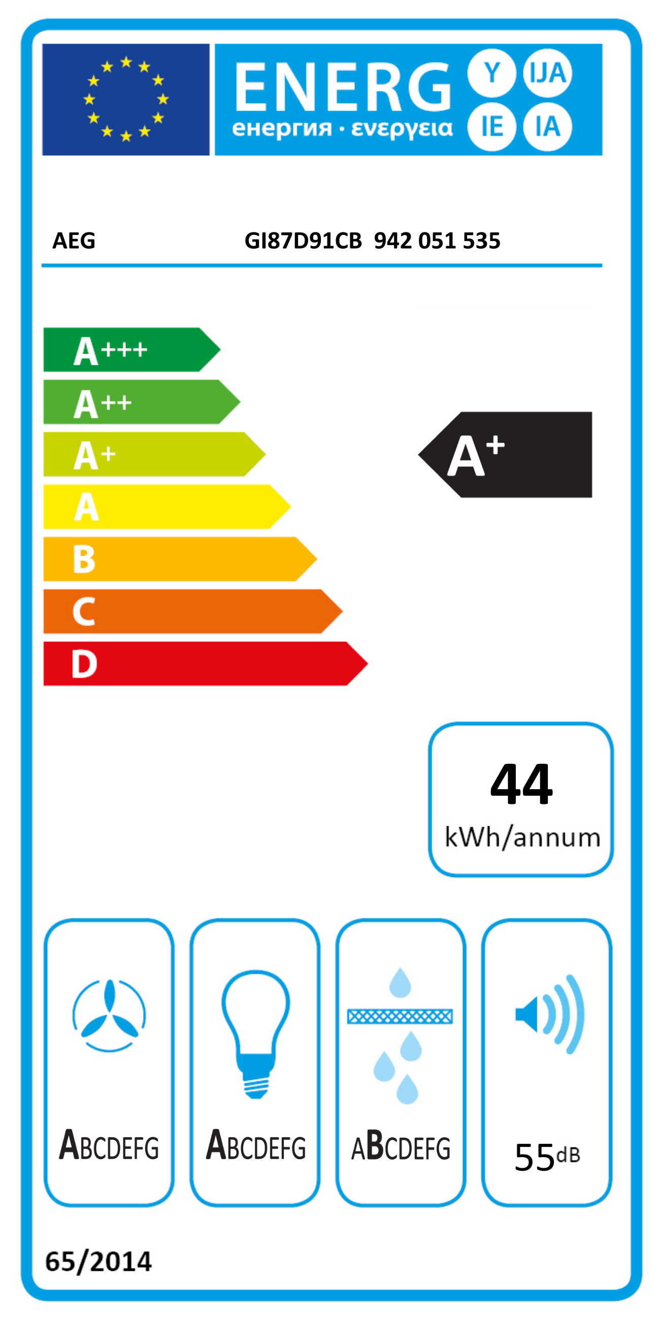 Beépített sütő energia címkéje, A+ energiahatékonysági osztállyal.
