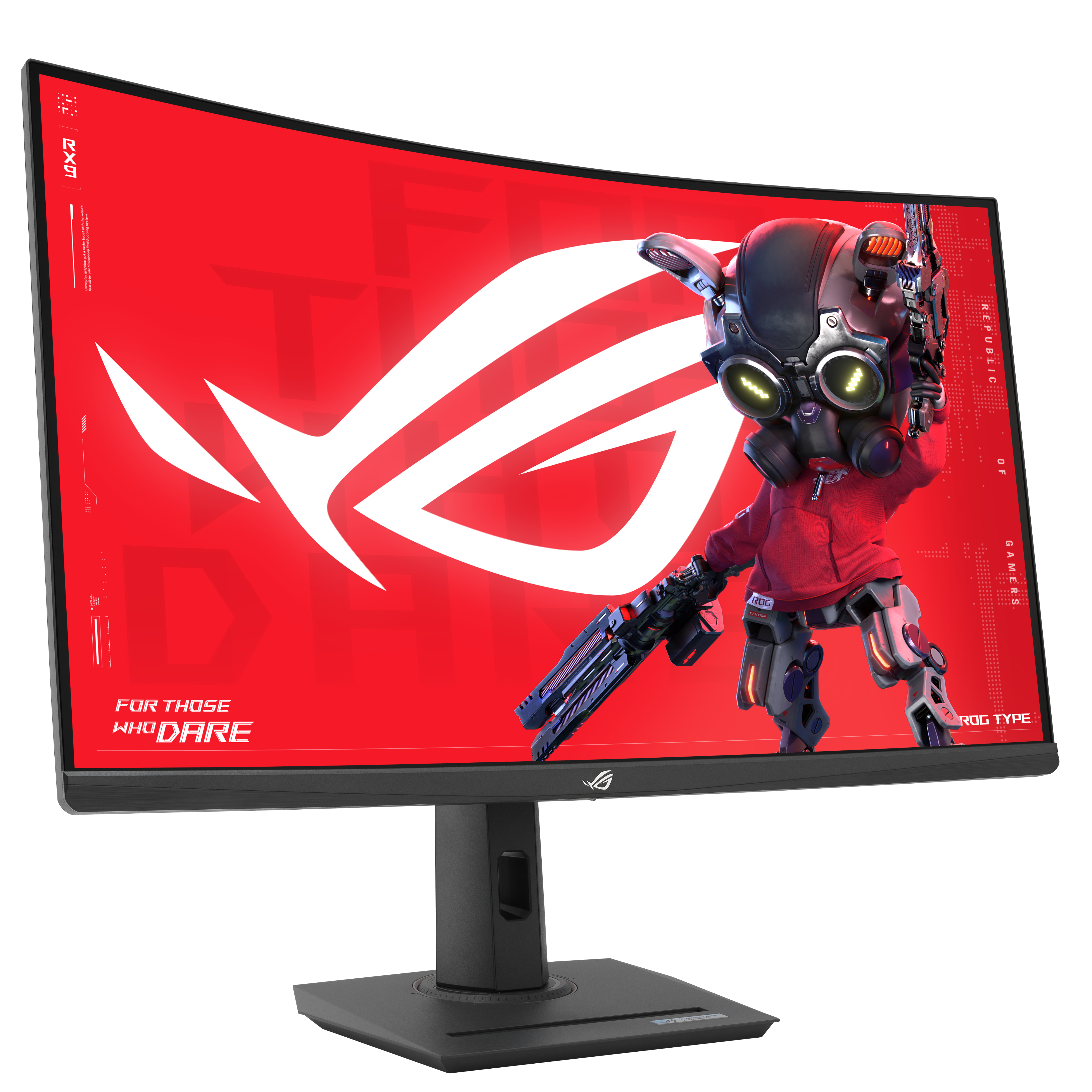 Gebogener Gaming-Monitor mit Zeichentrickfigur auf rotem Hintergrund.