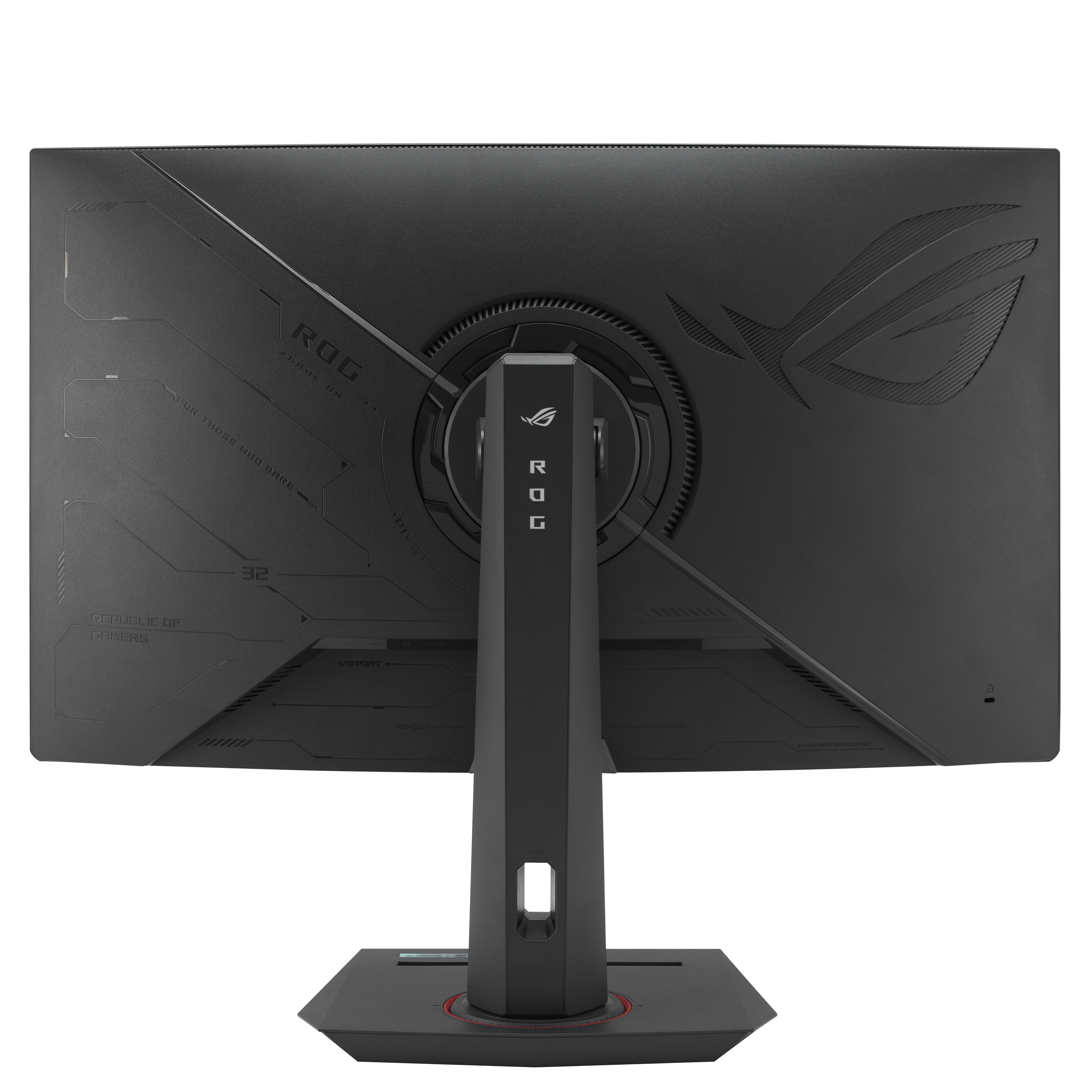 Rückseite eines schwarzen Gaming-Monitors mit Ständer, ROG-Logo und Design.