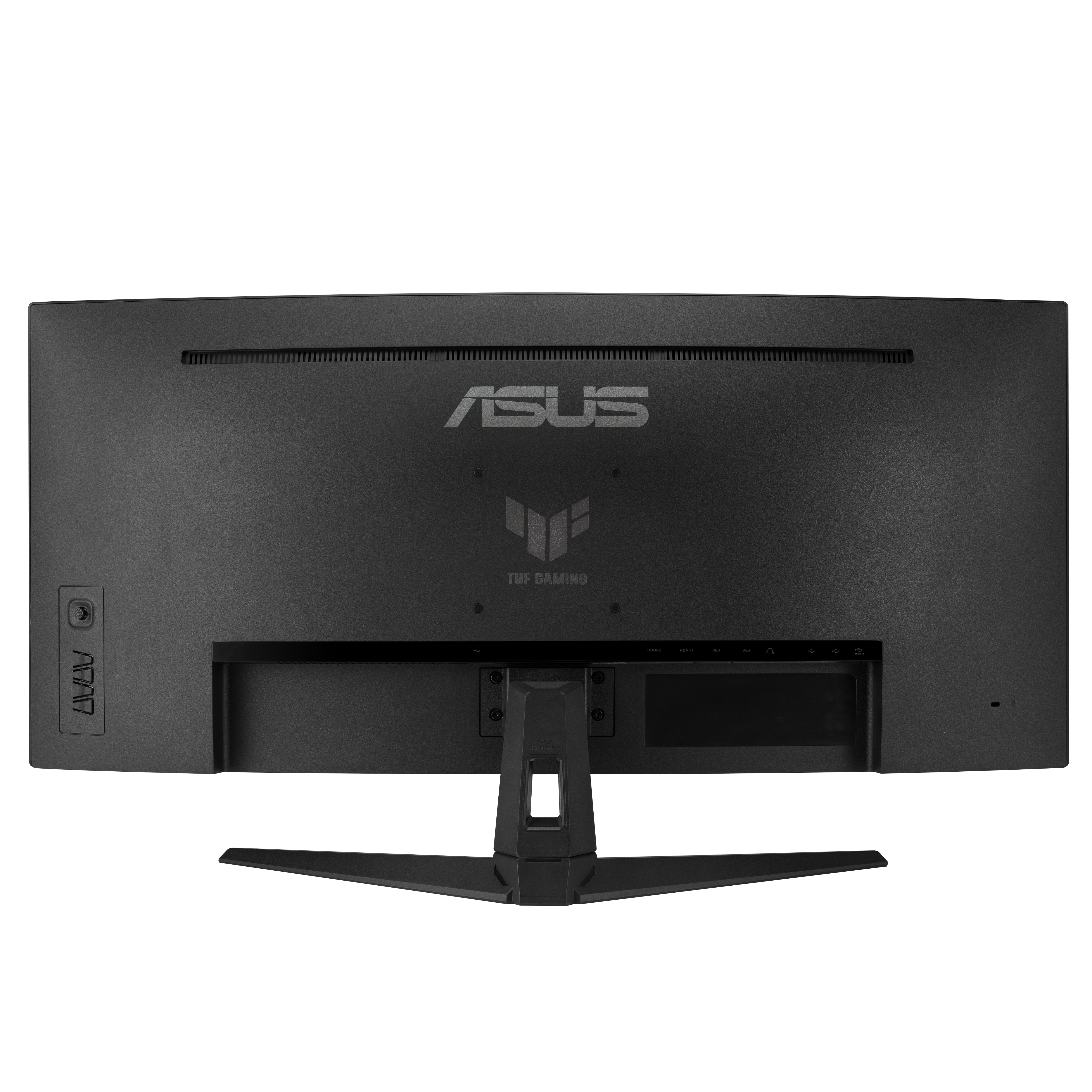 Rückseite eines schwarzen Asus-Monitors mit Logo und Ständer, mit mehreren Anschlüssen.