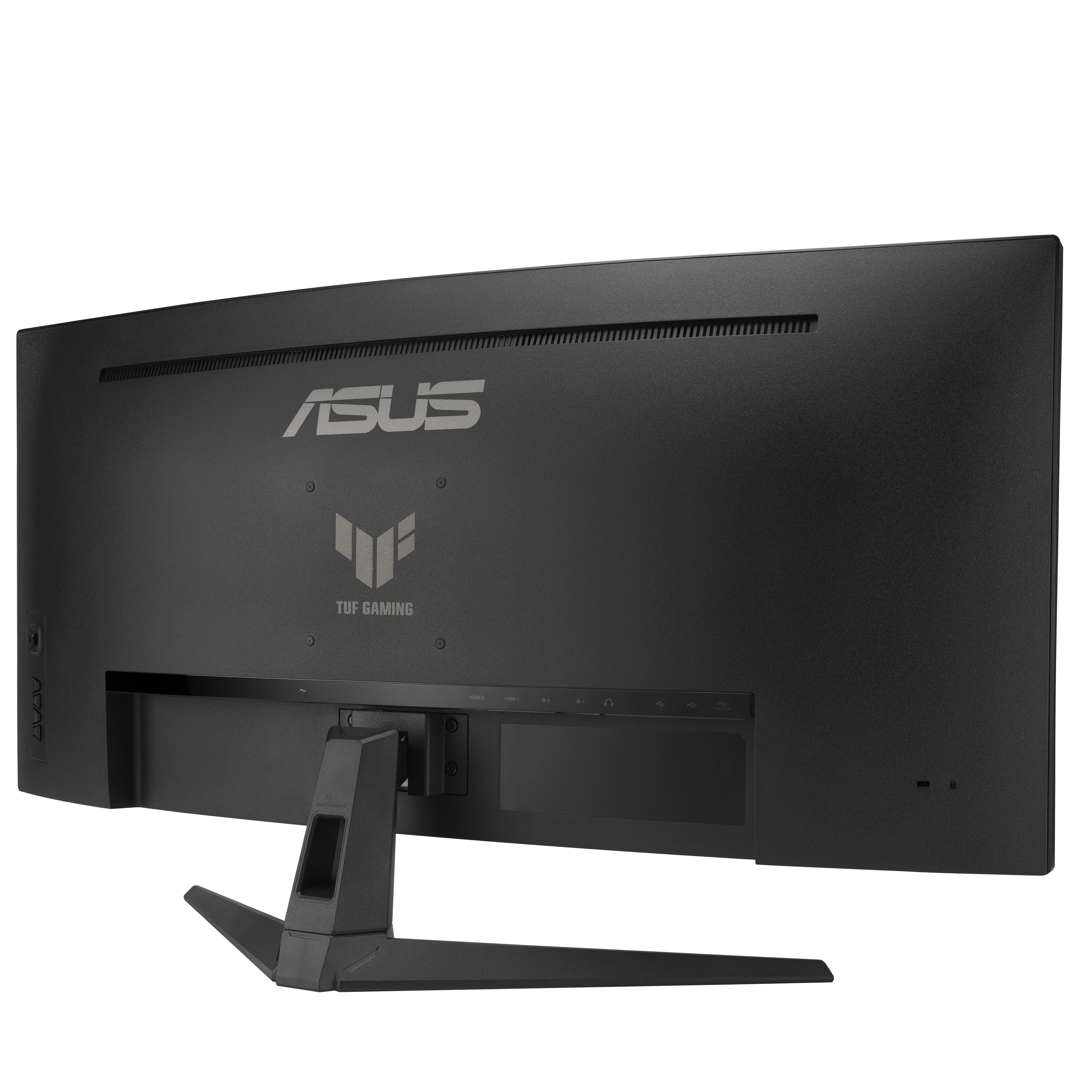 Schwarzer Computermonitor, Rückansicht, mit ASUS- und TUF Gaming-Logos, auf weißem Hintergrund.