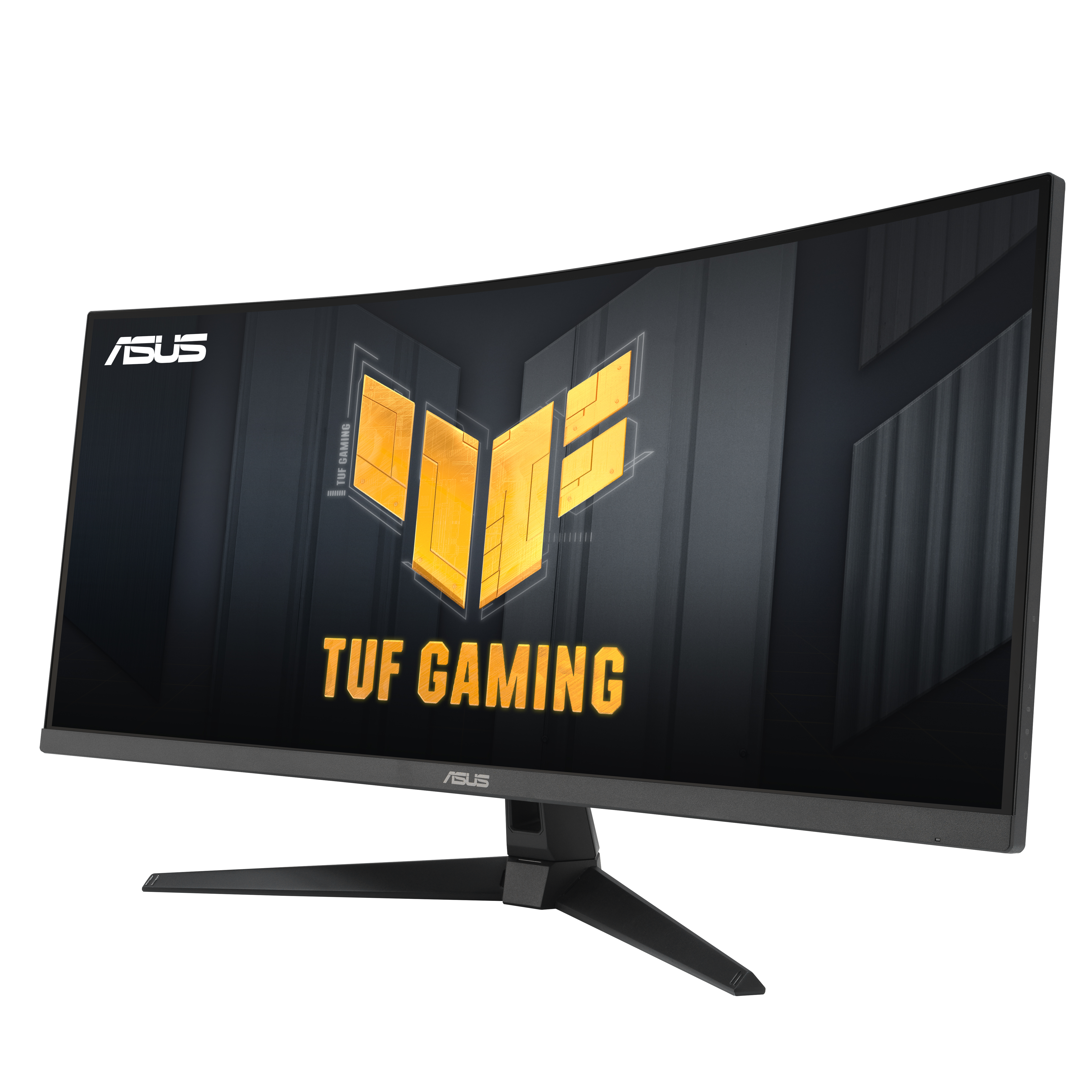 Gebogener Monitor mit schwarzem Fuß und ASUS TUF GAMING Logo auf dem Bildschirm.