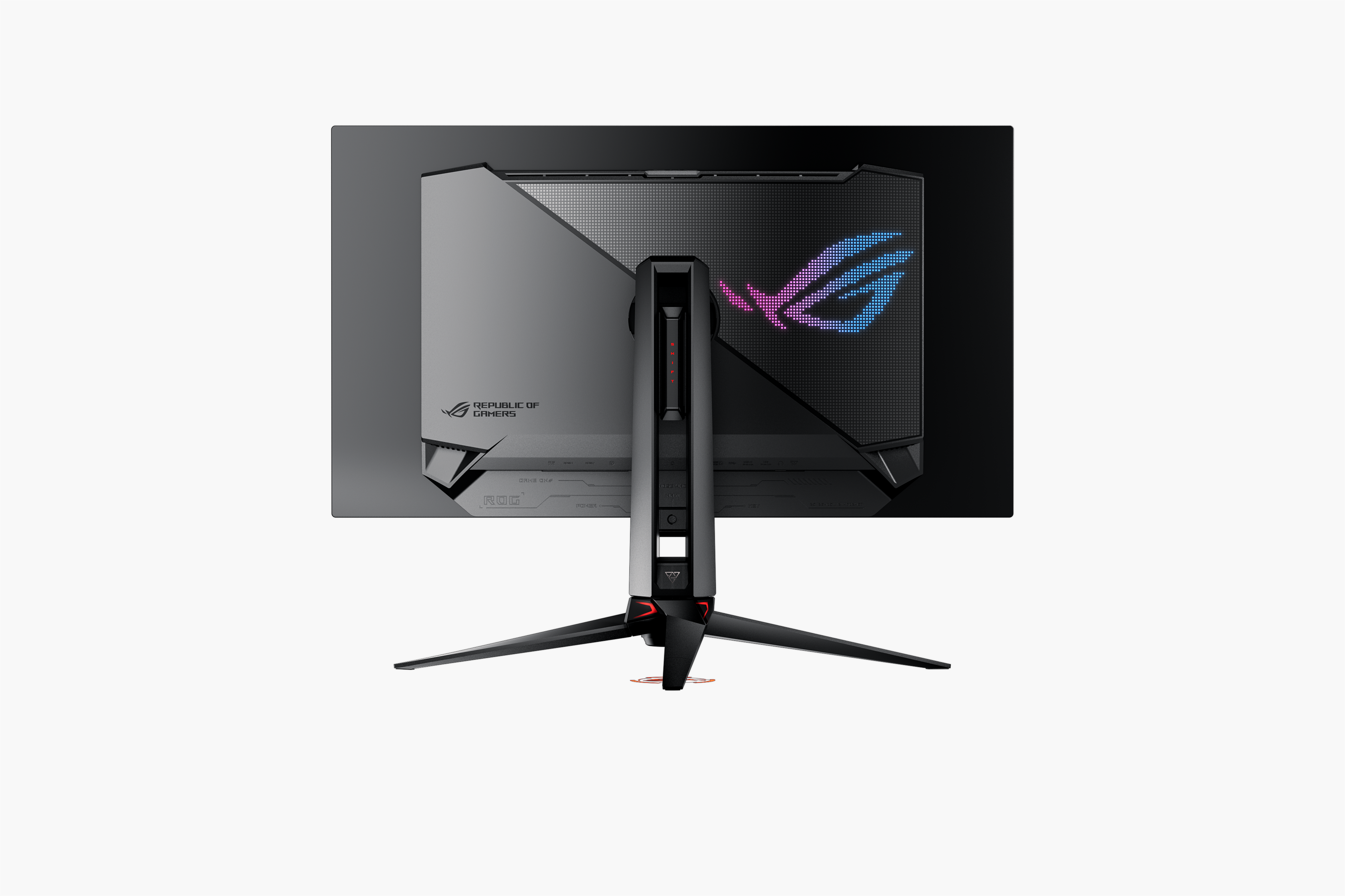 Rückansicht eines Computermonitors mit Ständer.