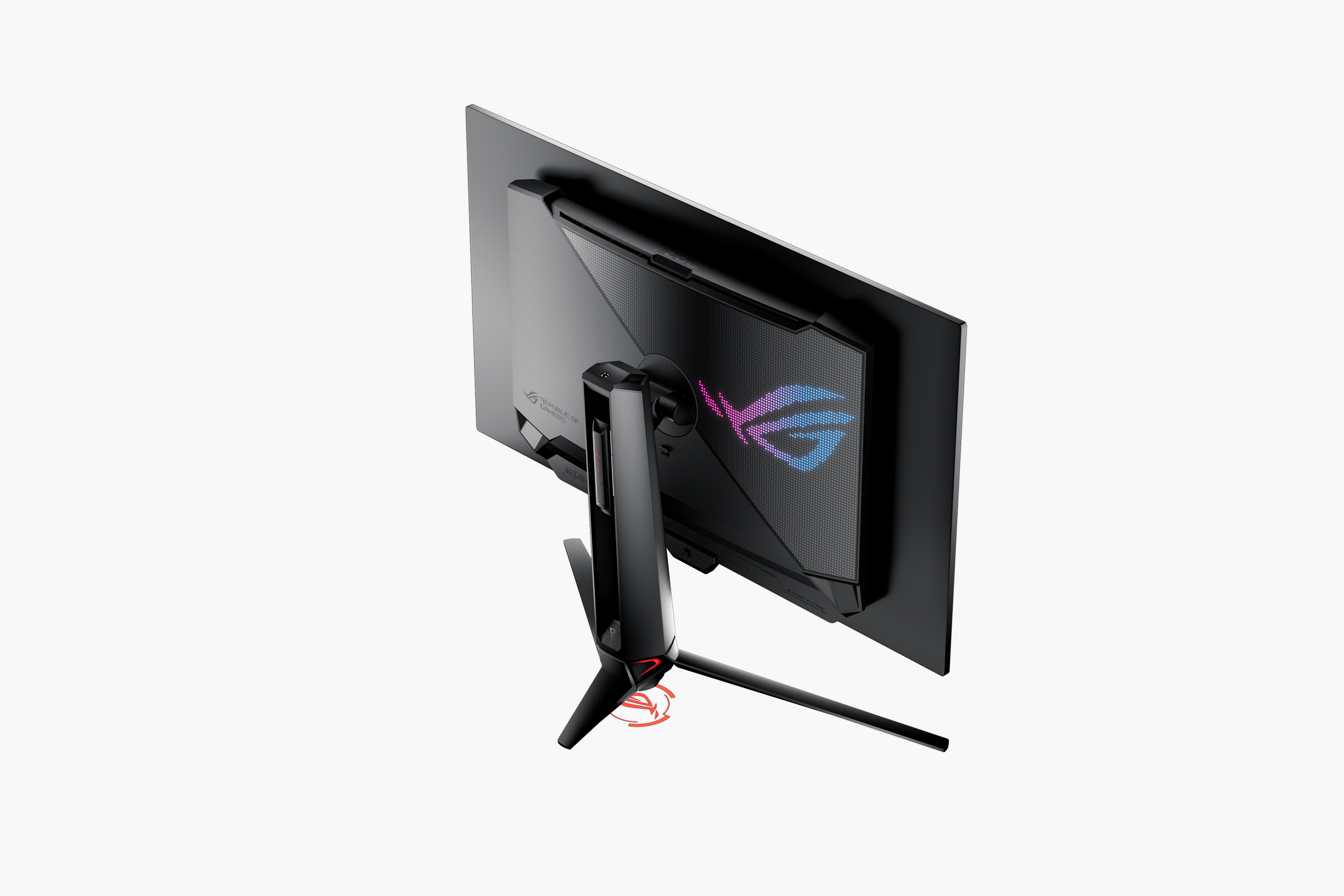 Rückansicht eines Gaming-Monitors auf schwarzem Hintergrund, ROG-Logo und Design.