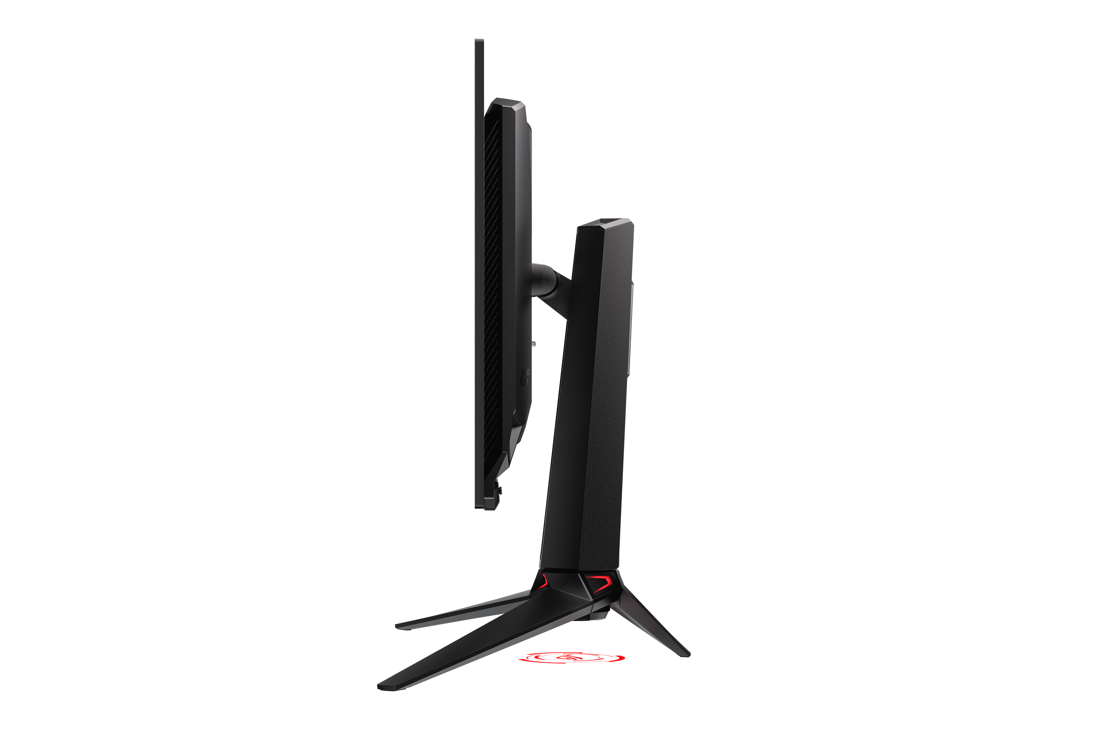 Seitenansicht eines schwarzen Gaming-Monitors mit rotem Ständer, rotes Basisdesign.