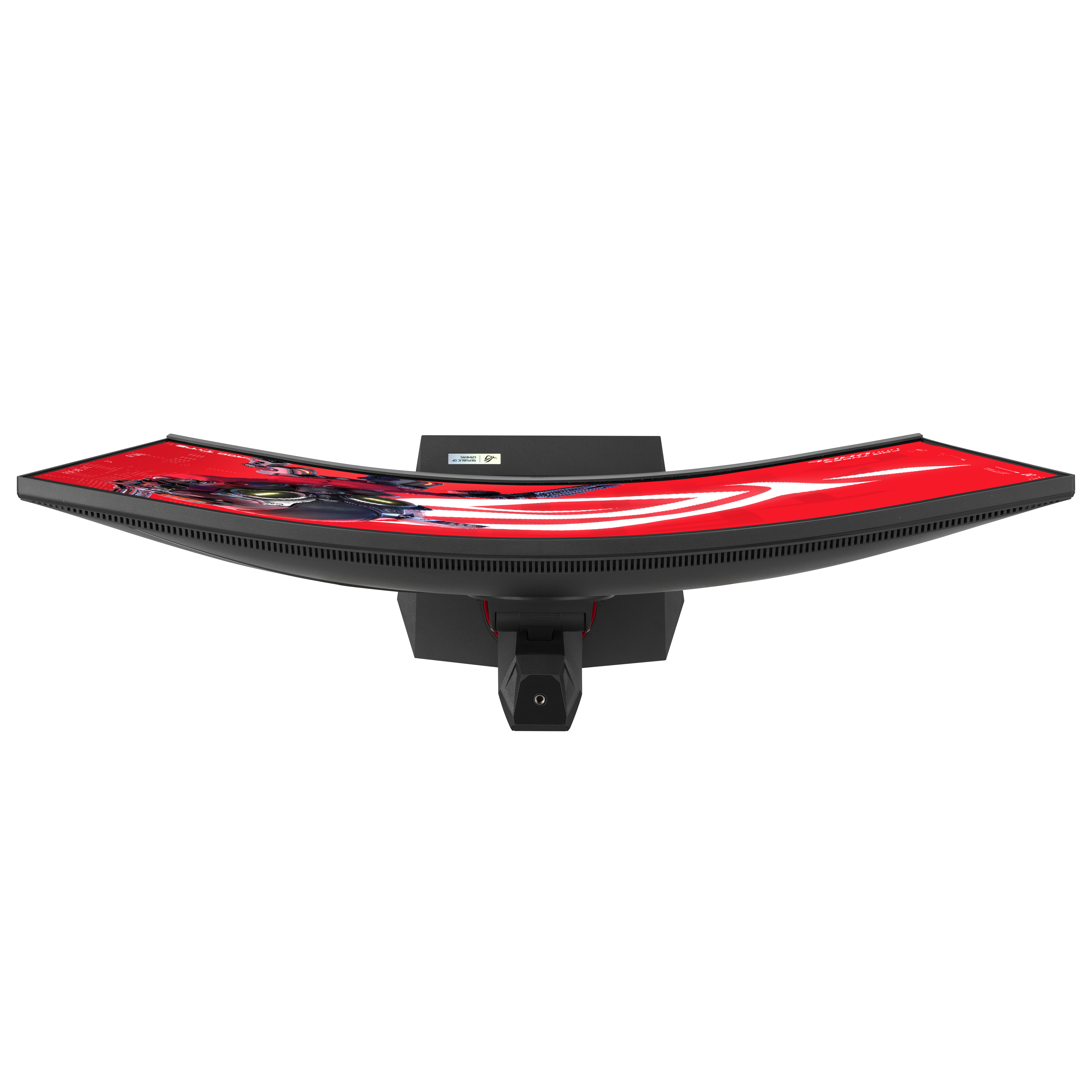 Gebogener Gaming-Monitor von oben, mit rotem Rahmen und Ständer. Der Bildschirm zeigt ein Logo.
