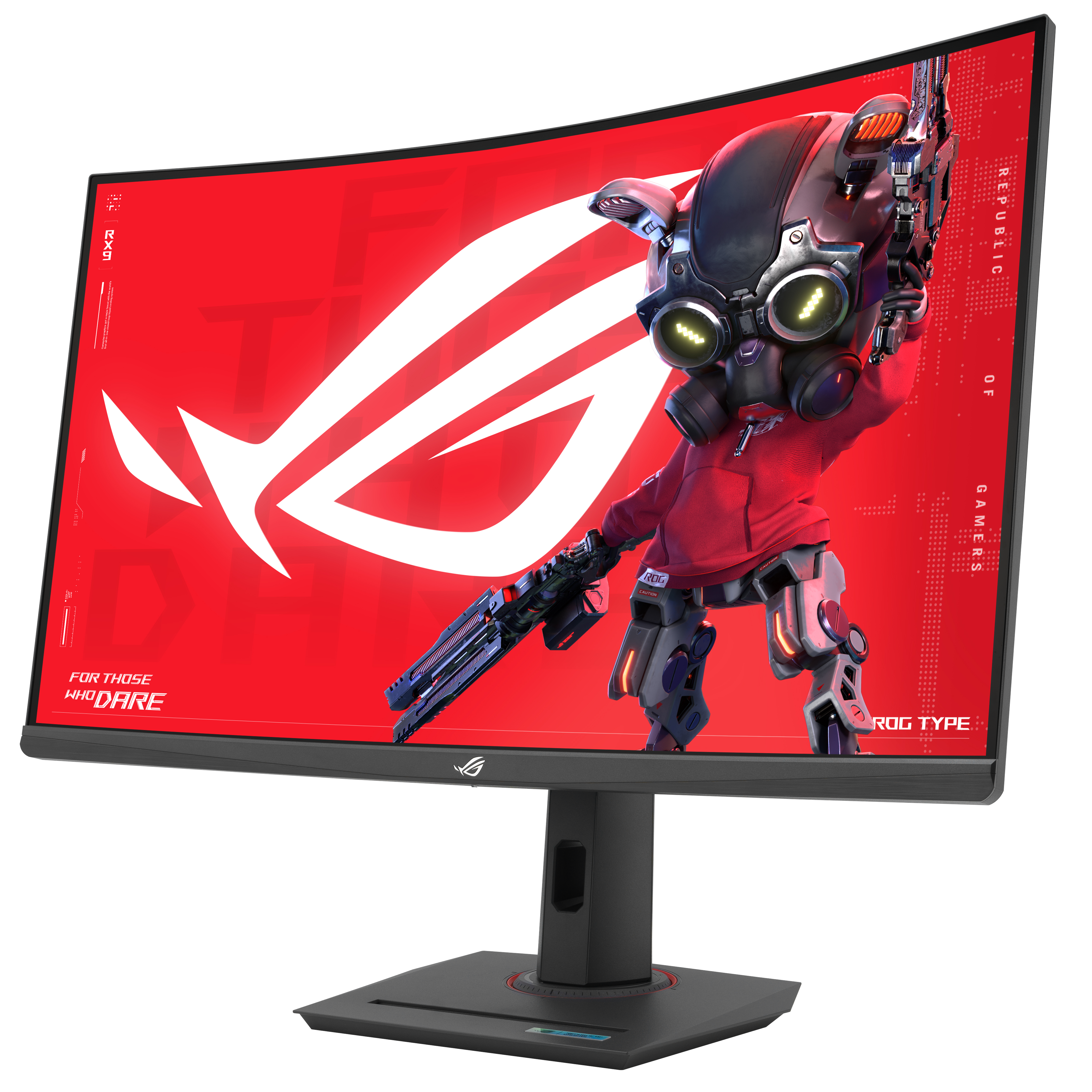 Gebogener Gaming-Monitor mit Figur auf rotem Hintergrund. Weißer Hintergrund.