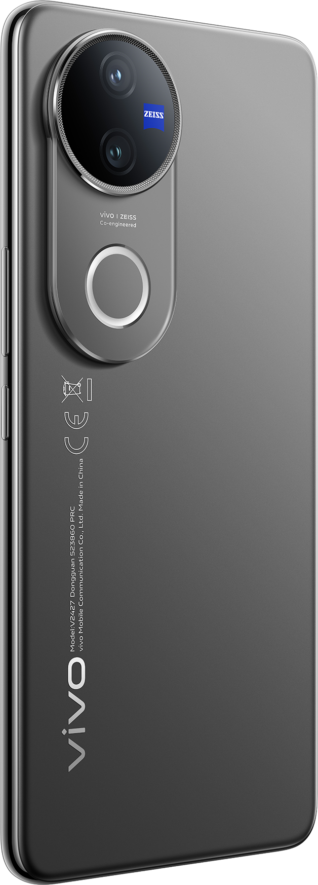 Sötétszürke telefon Zeiss objektívvel és Vivo márkajelzéssel a hátoldalon.