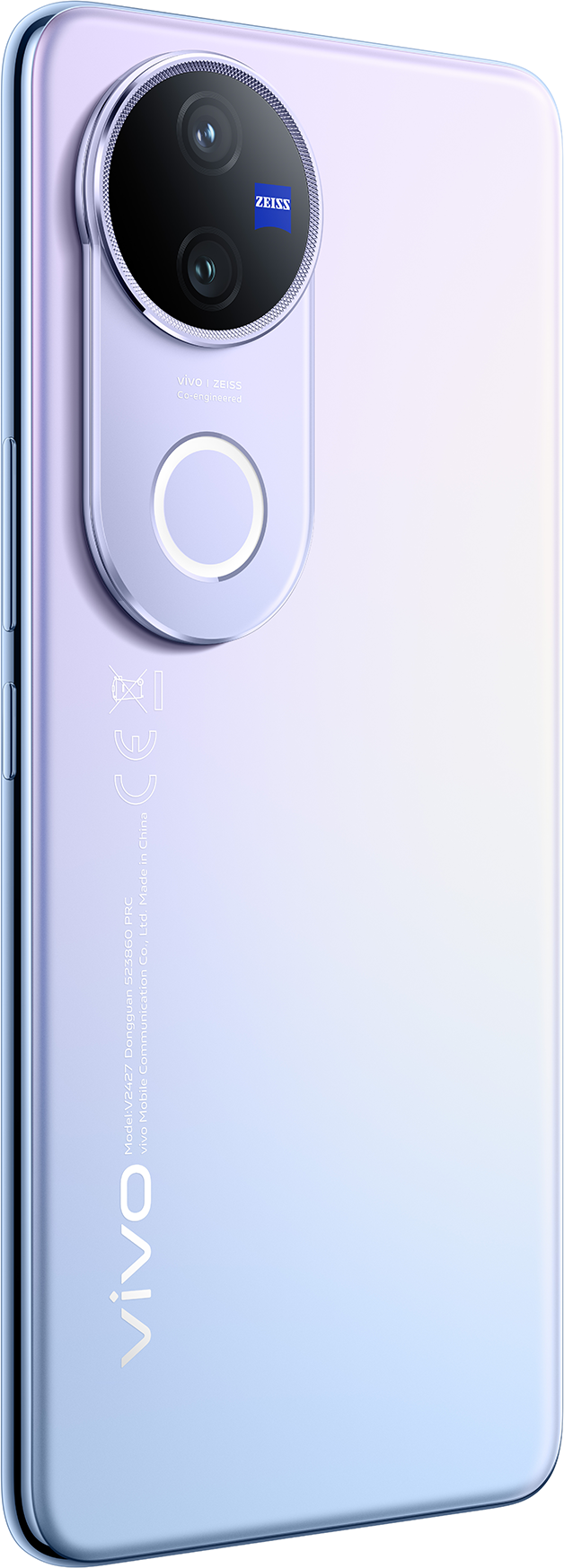 Fehér és világos lila telefon nagy kameramodullal és Zeiss márkajelzéssel.