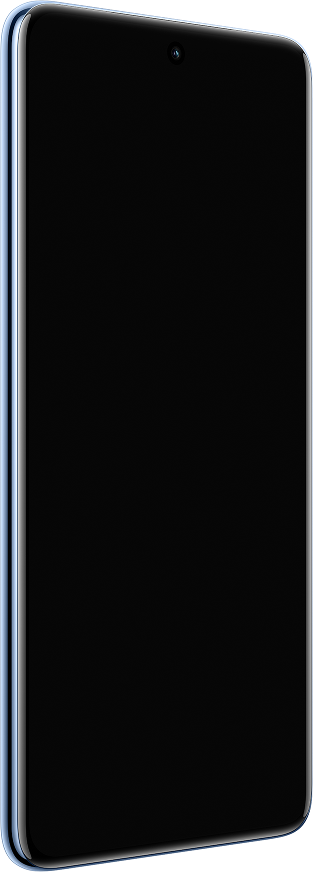 Egy telefon teljesen fekete képernyővel. Kék kerete van, oldalt nézve fehér háttérrel.