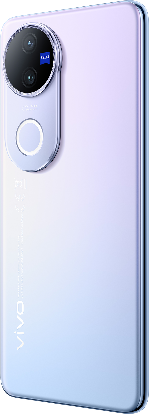 Fehér és világos lila telefon, nagy kameramodul, Zeiss márka, oldalsó nézet.