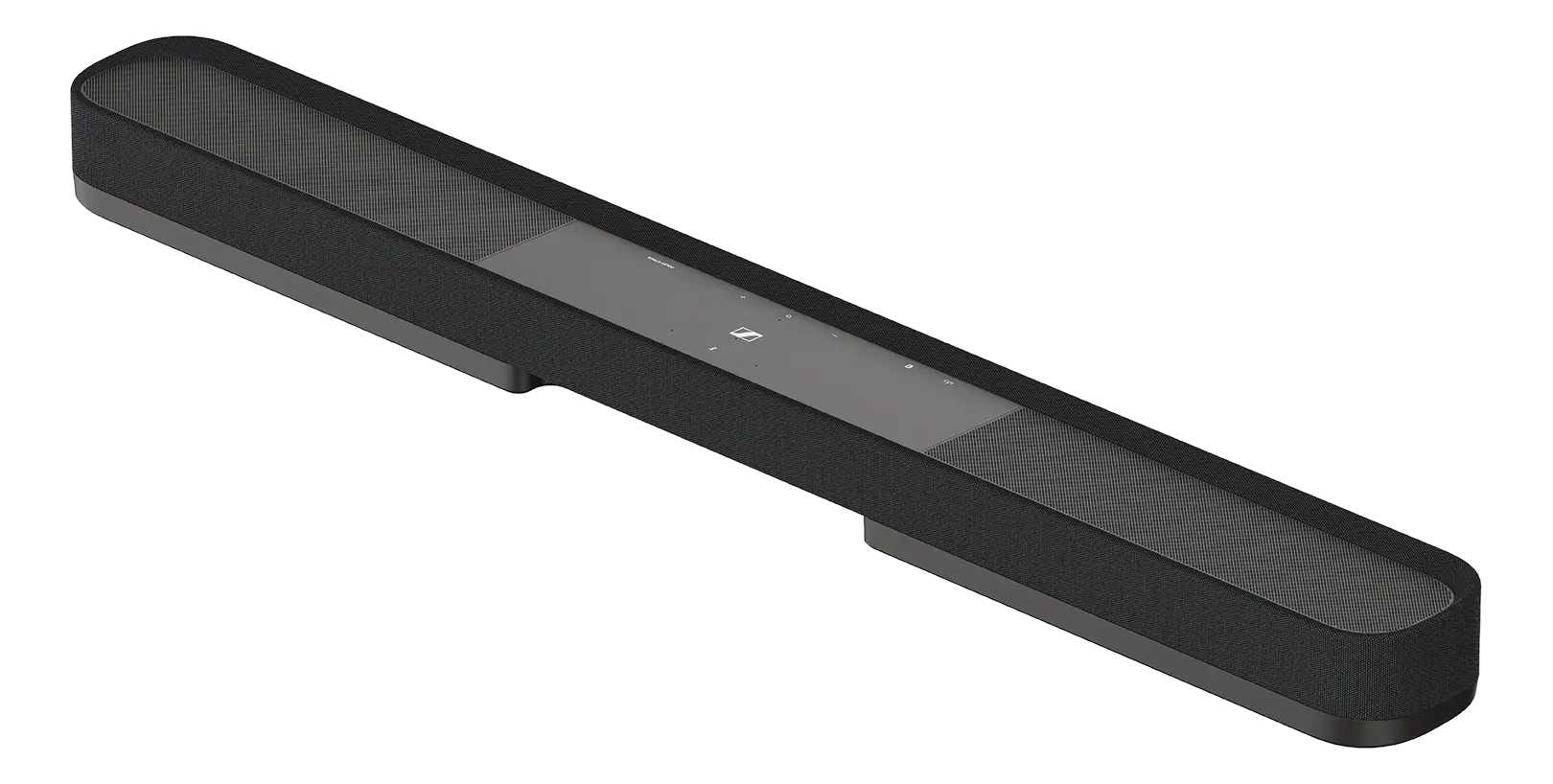 Schwarze Soundbar, lang und flach, mit Mesh-Front und zentralem Display.