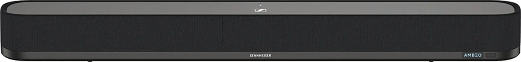 Une longue barre de son noire avec le logo Sennheiser et le mot AMBEO sur la droite.