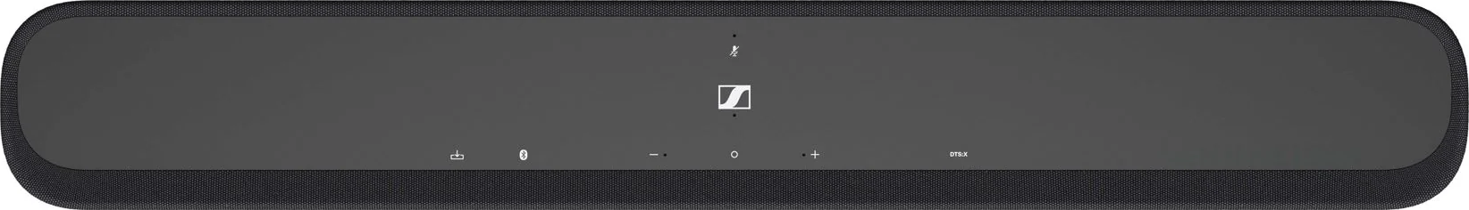 Barre de son noire avec boutons et logo central, de forme longue et rectangulaire.