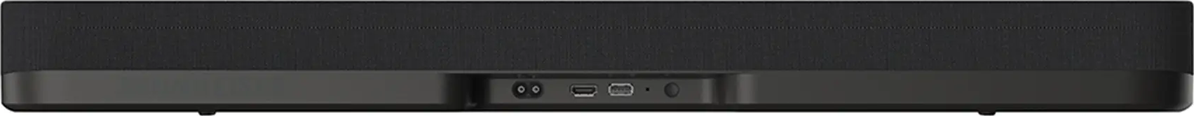 Arrière d'une barre de son noire avec des ports dont HDMI, USB et entrée d'alimentation.