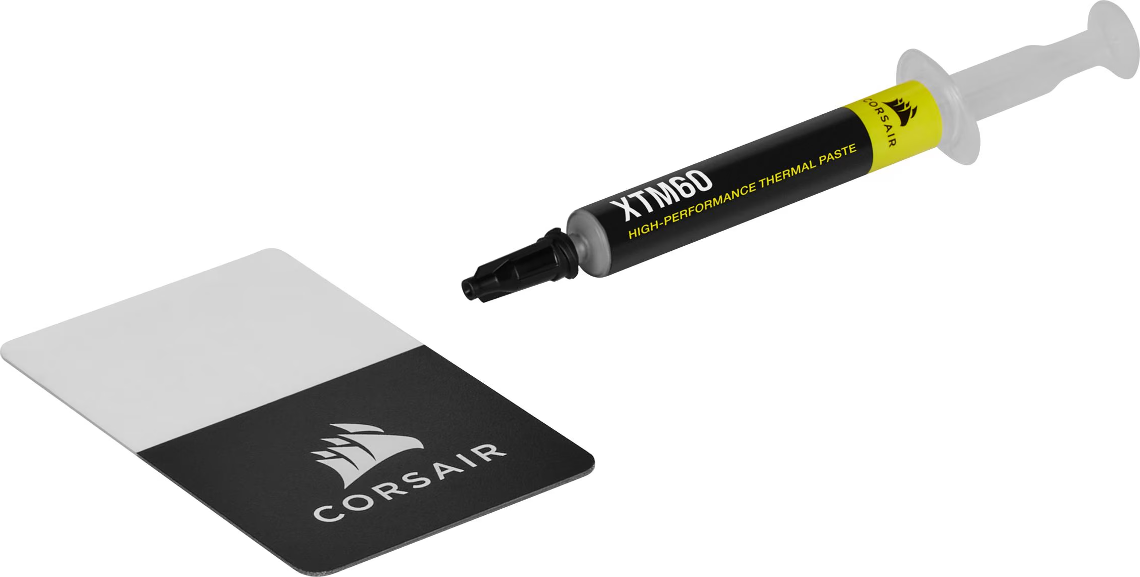 Pâte thermique Corsair et carte d'application. Fond blanc.