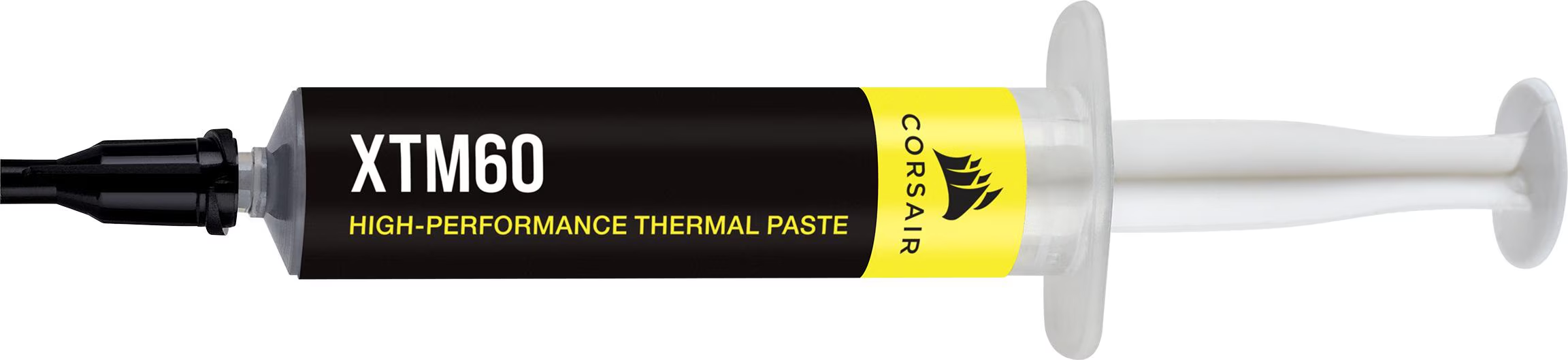 Une seringue contenant de la pâte thermique haute performance Corsair XTM60, avec texte noir sur jaune.