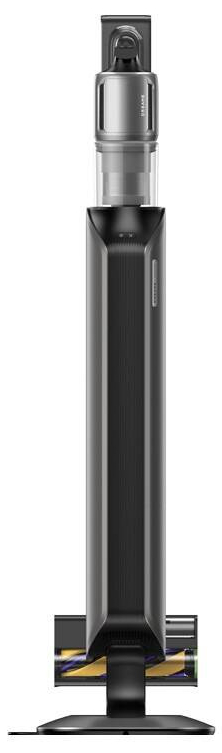 Czarny i srebrny odkurzacz bezprzewodowy, ustawiony pionowo i gotowy do użycia.