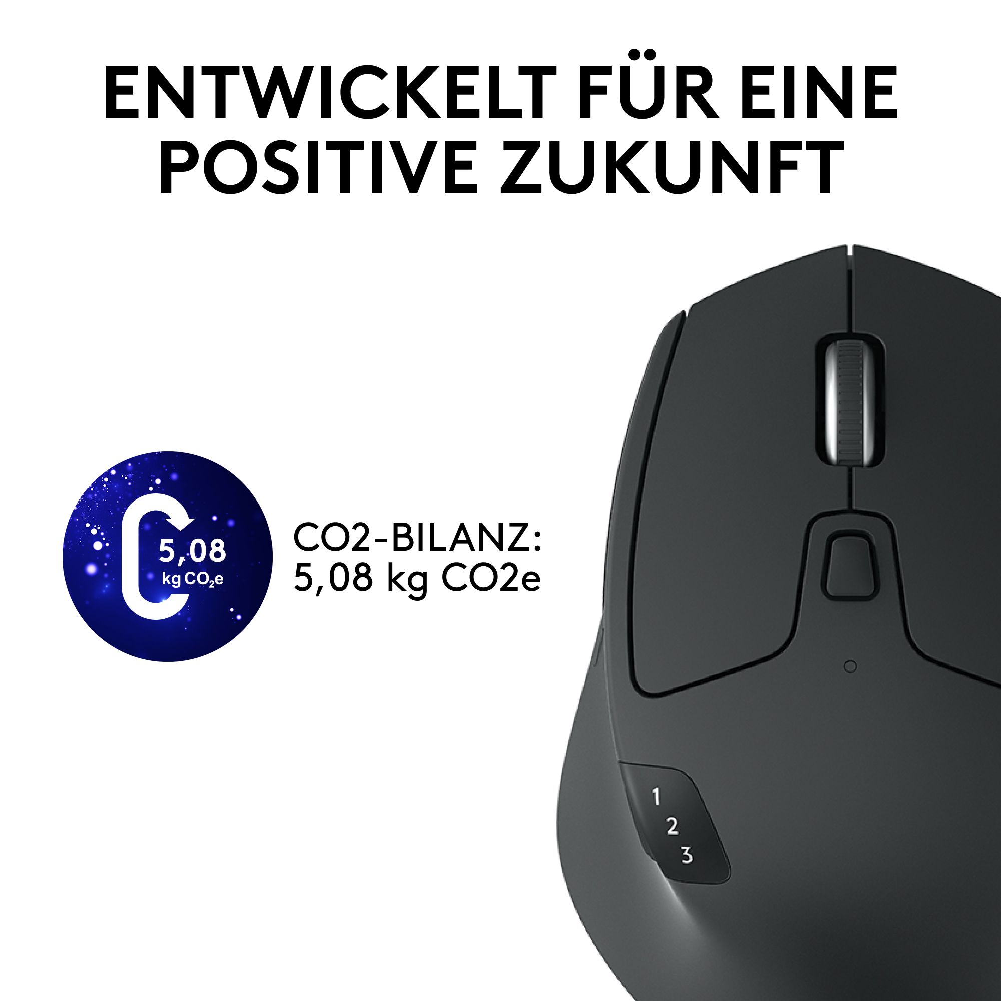 Schwarze Maus mit Tasten und einem Rad, Text oben.