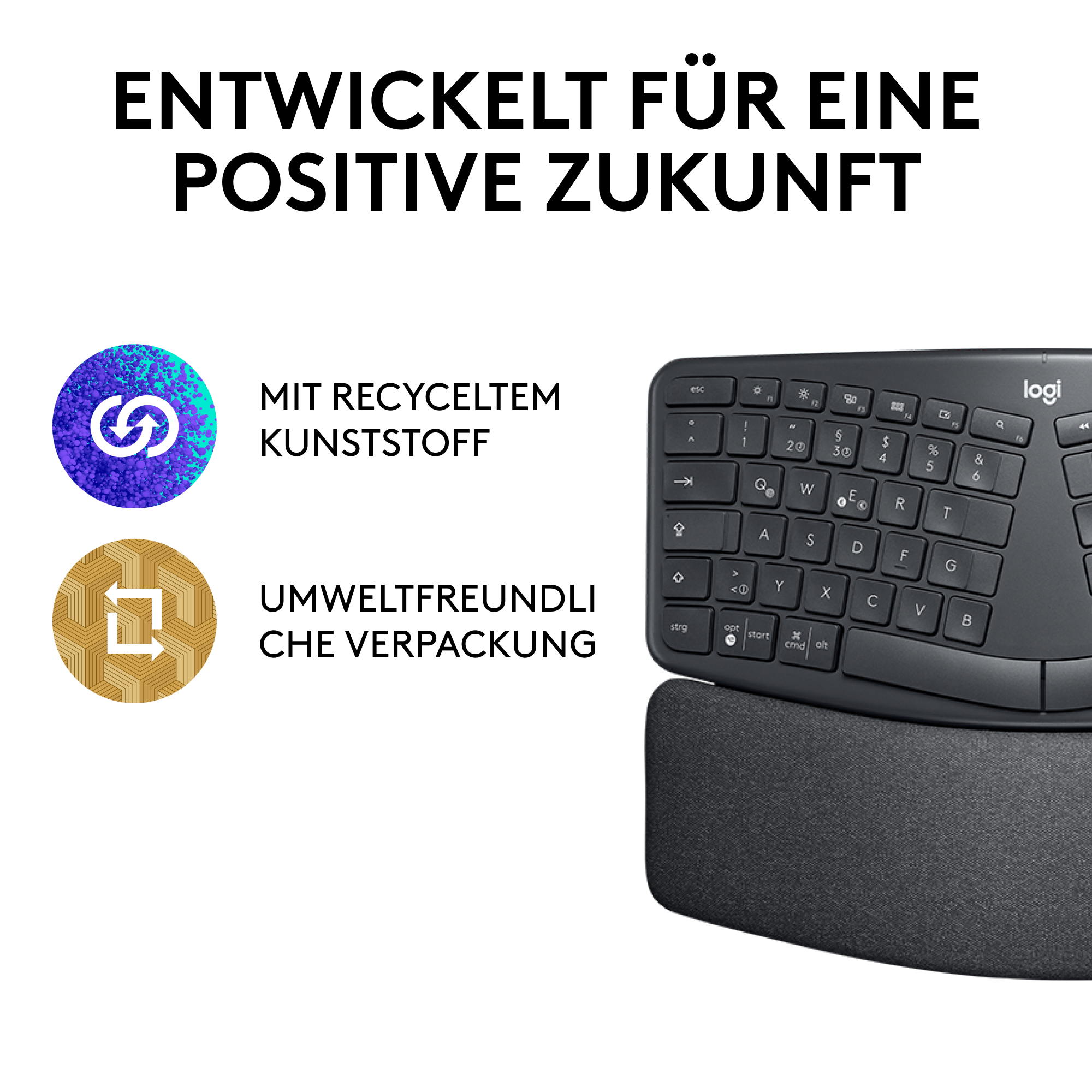 Schwarze Tastatur mit Handballenauflage, neben Symbolen und Text.