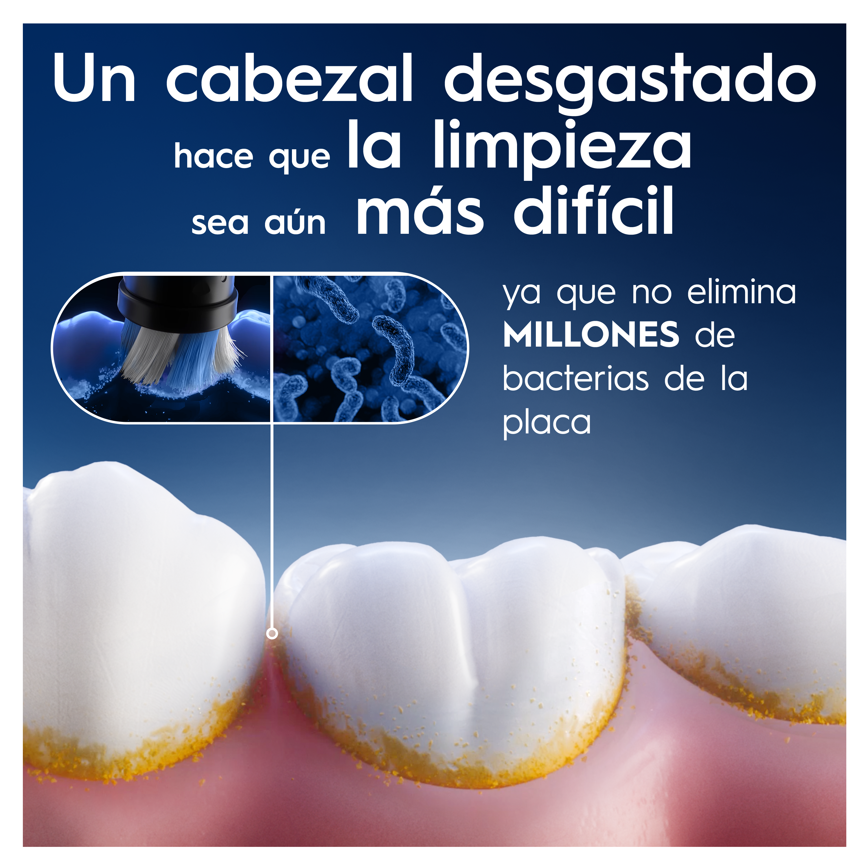 Ilustración de limpieza de dientes y cepillo de dientes. Texto sobre cabezales gastados y bacterias, fondo azul.