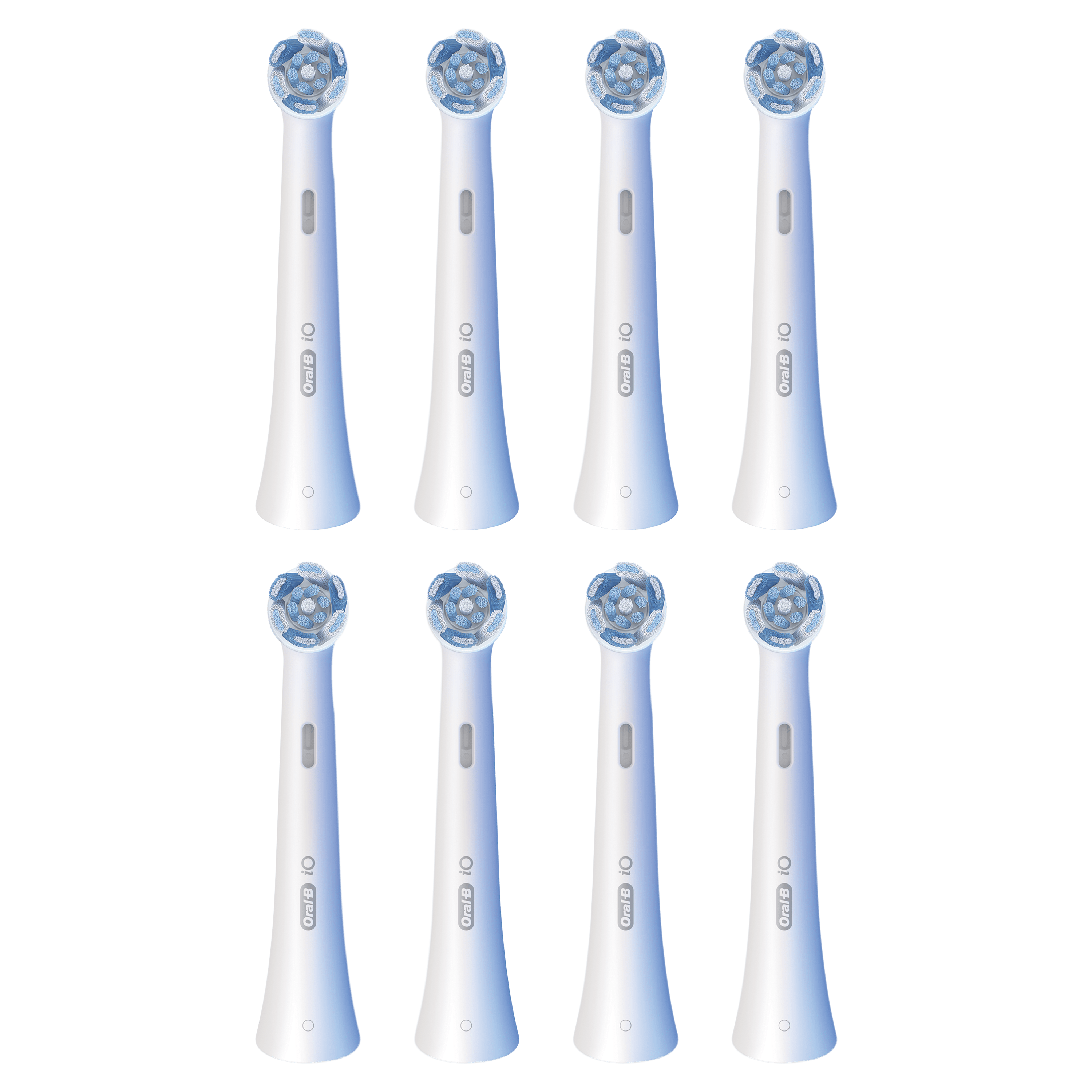 Ocho cabezales de cepillo de dientes Oral-B IO están colocados sobre un fondo negro.