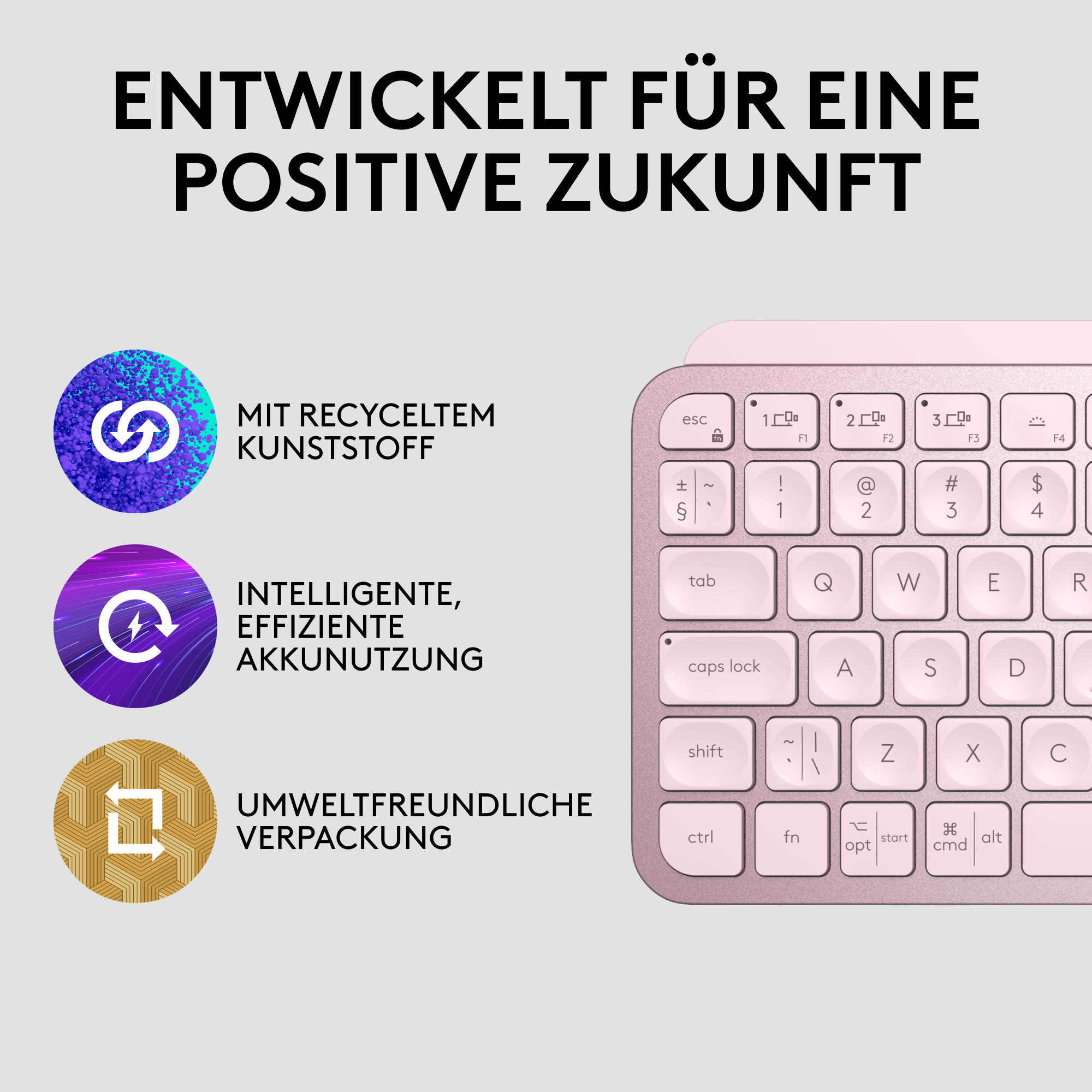 Eine rosa Tastatur mit weißen Tasten. Text links erwähnt recycelten Kunststoff und umweltfreundliche Verpackung.