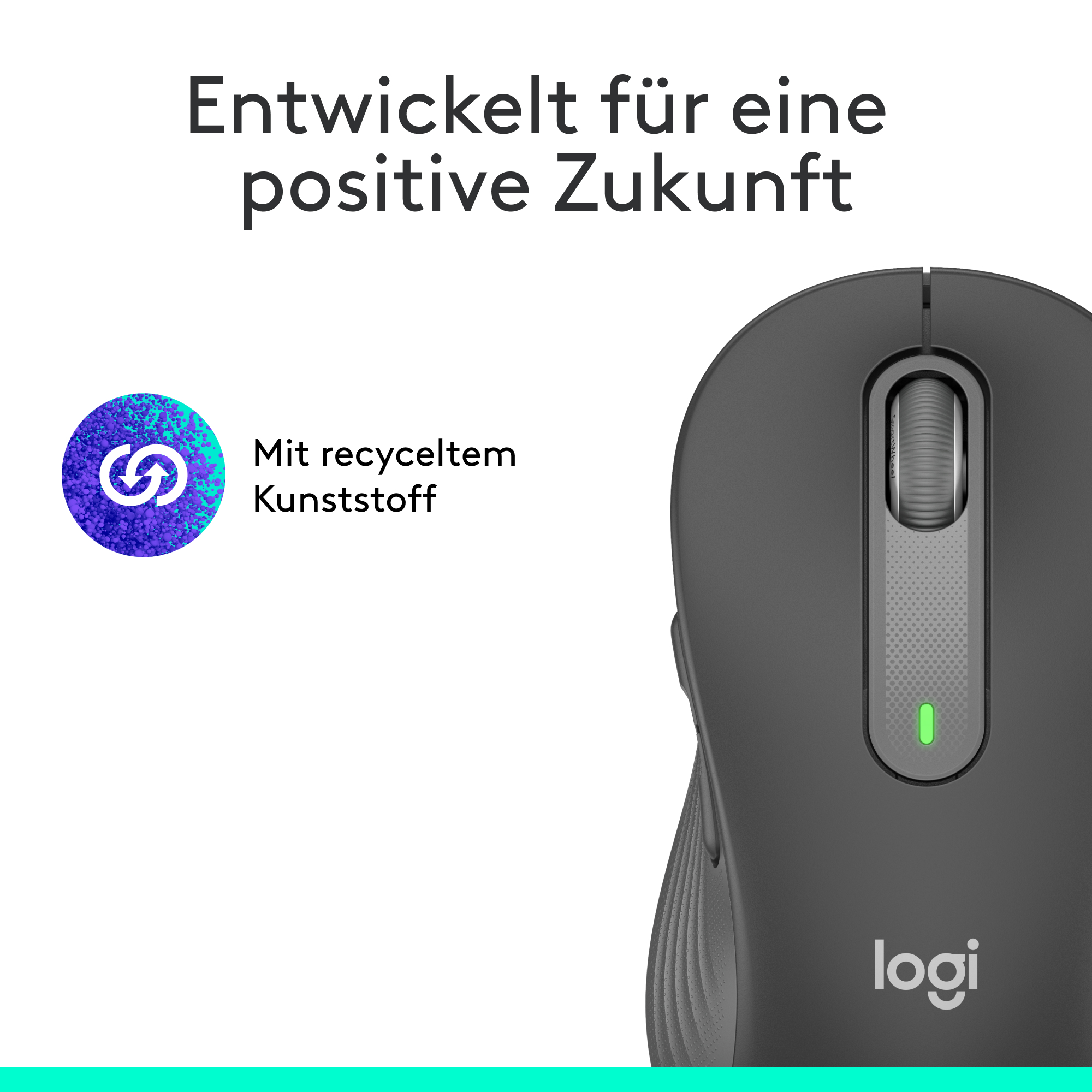 Eine schwarze Computermaus mit grünem Licht und Text: „Mit recyceltem Kunststoff“.