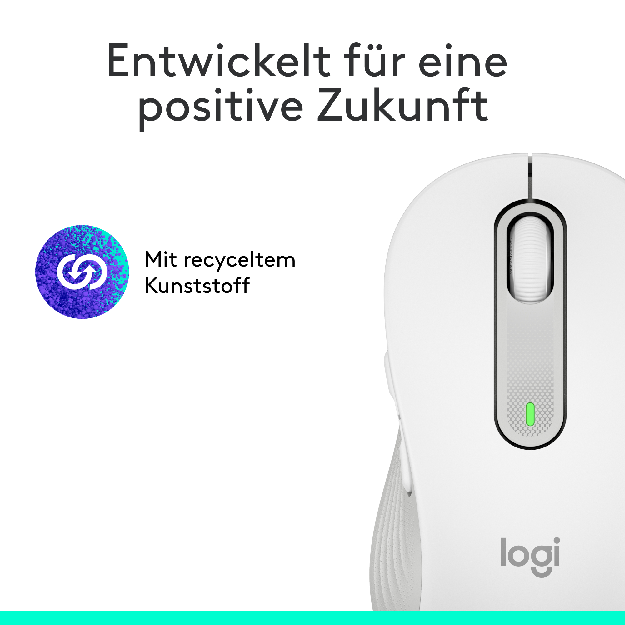 Eine weiße Maus mit einer rosa Tastatur im Hintergrund. Sie hat ein Scrollrad und ein Logo.
