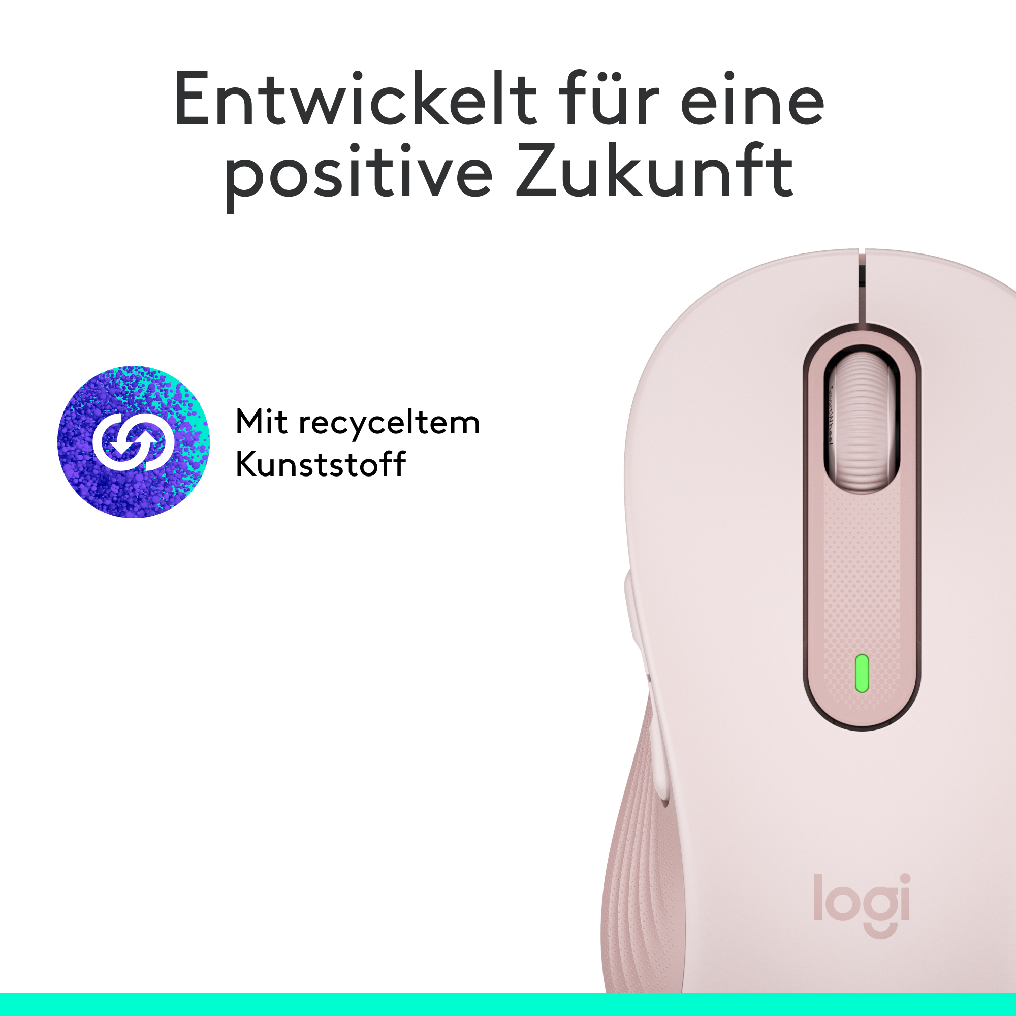 Eine hellrosa Computermaus mit einem Recycling-Zeichen.