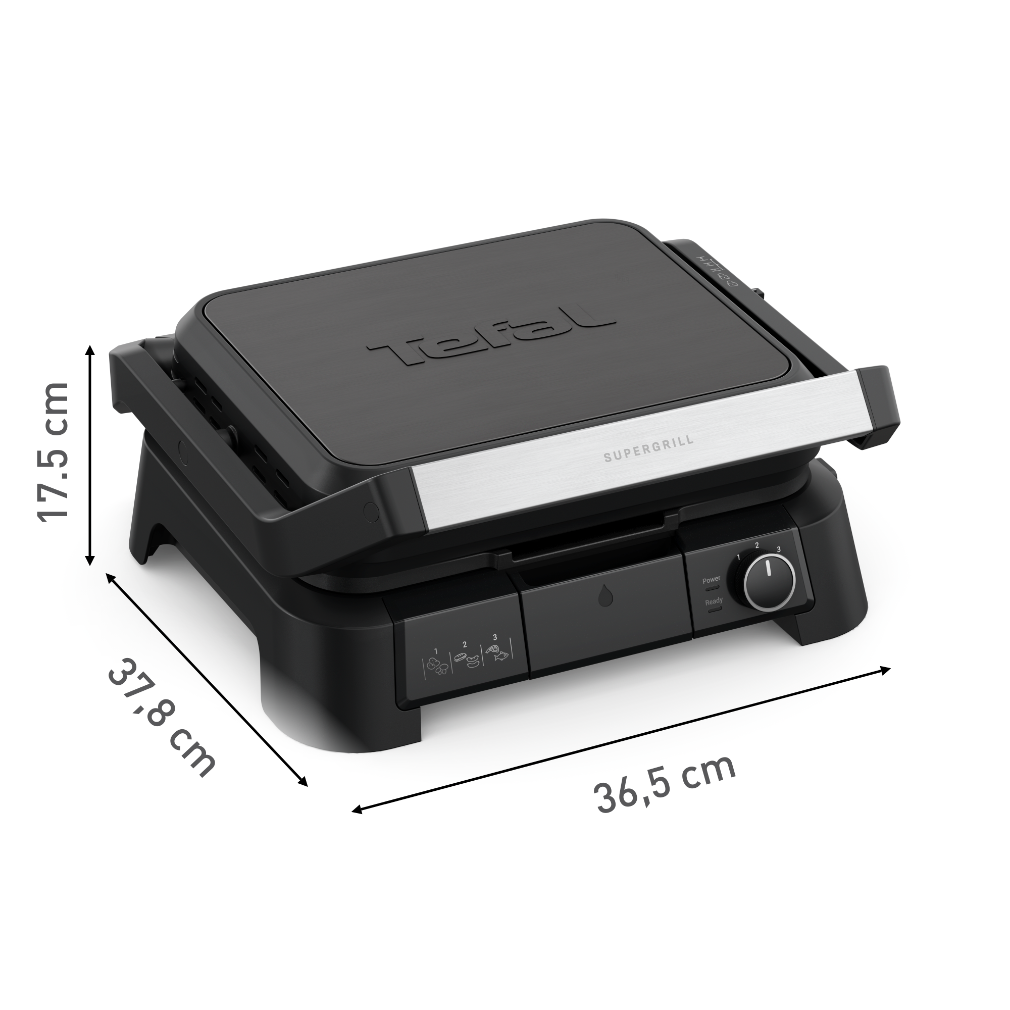 Egy fekete Tefal Supergrill, a méretekkel. Fehér felületen van.
