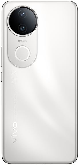 Weiße Telefonrückseite mit zwei Kameras. Vivo-Logo unten. Aura Light.
