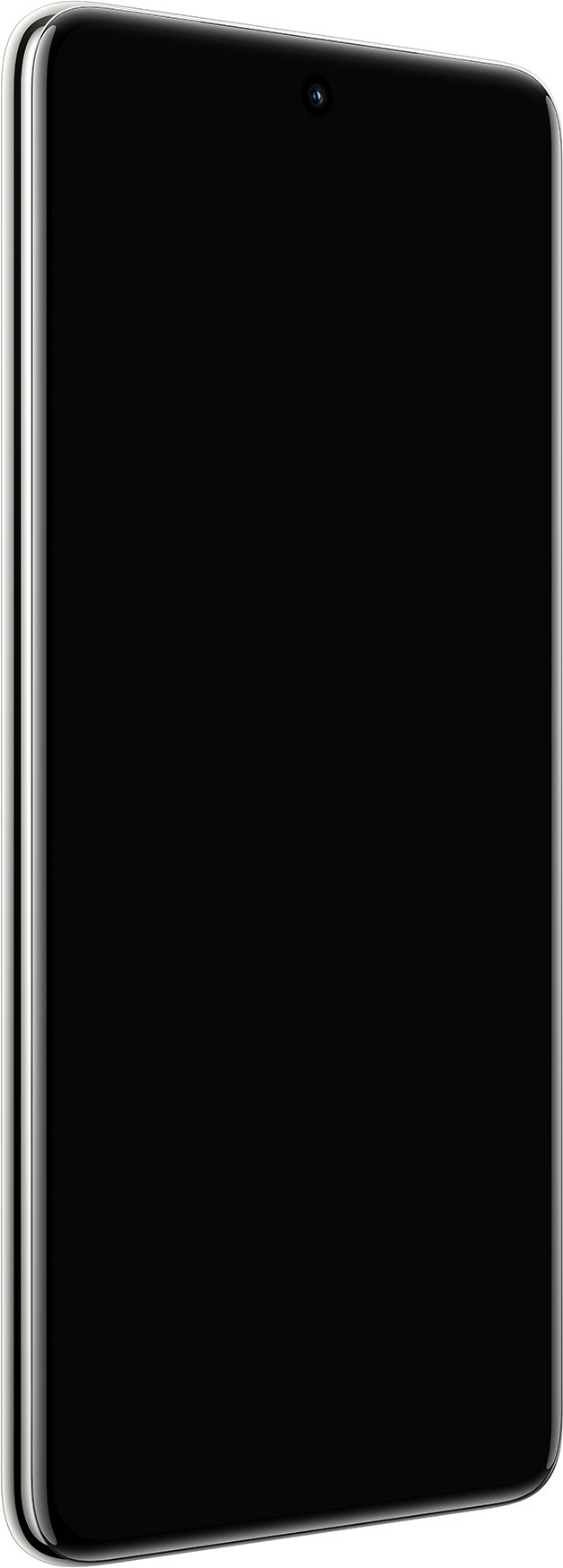 Ein Smartphone mit schwarzem Bildschirm, von der Seite betrachtet.