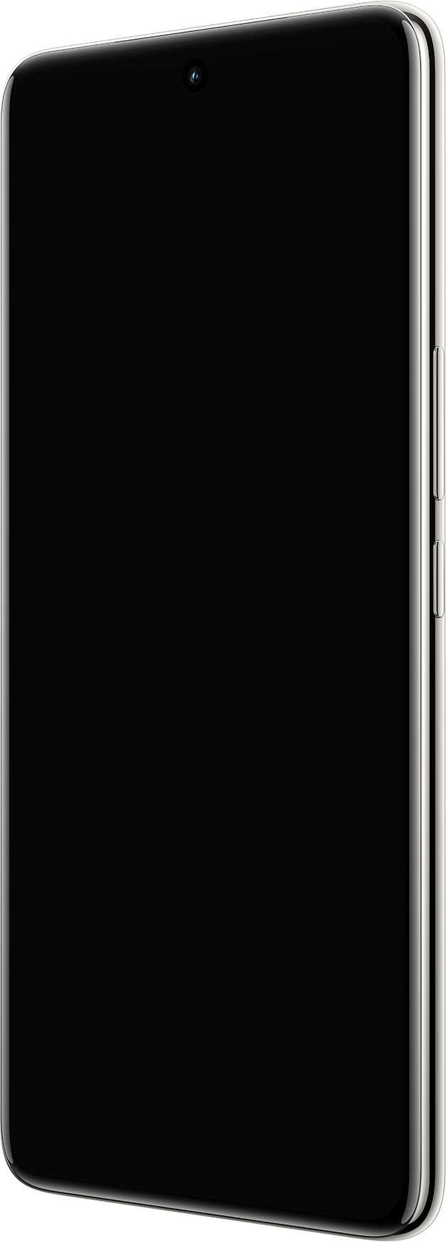 Schwarzes Telefon mit großem Bildschirm, Seitenansicht, mit Tasten auf der rechten Seite.
