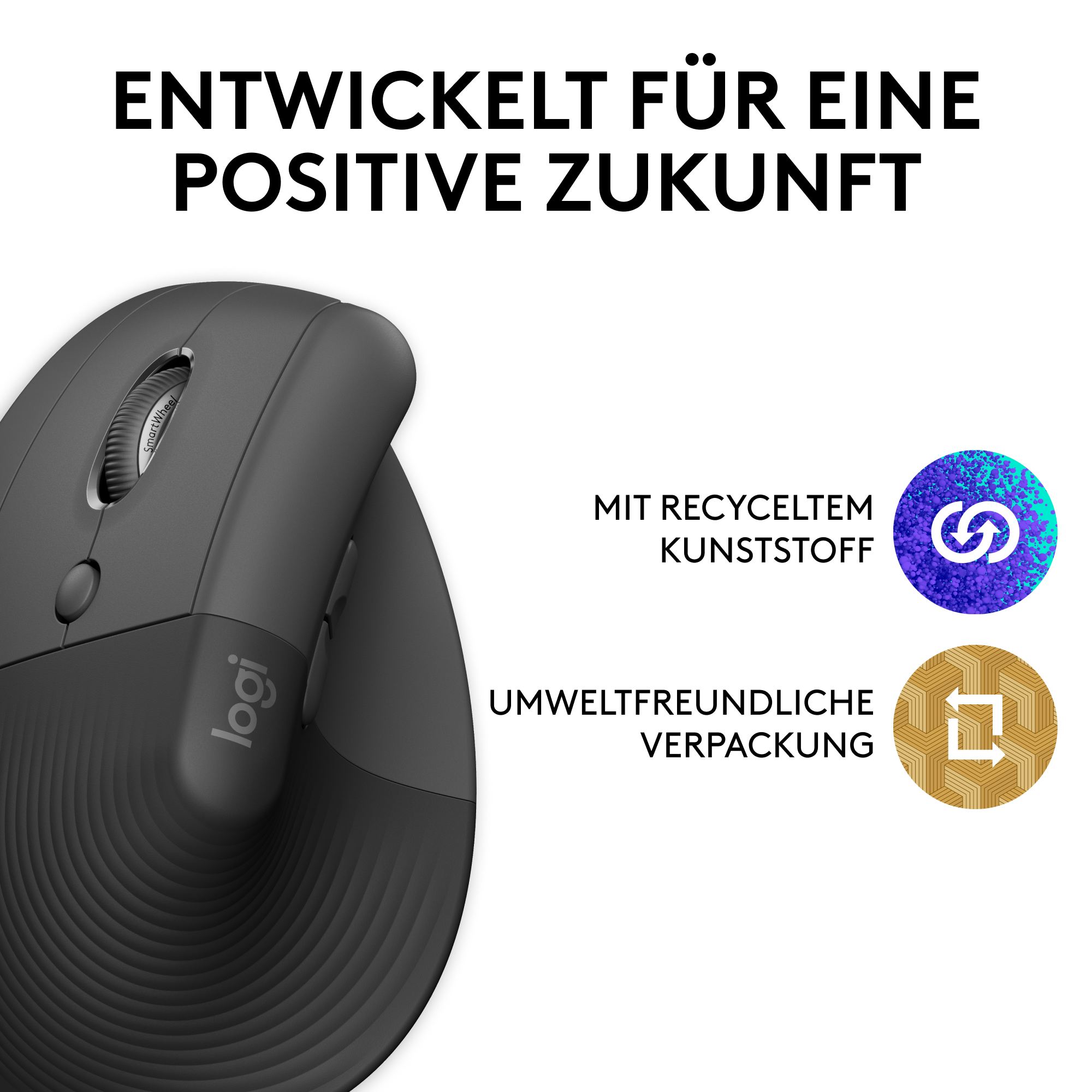 Dunkelgraue Computermaus mit Text und Symbolen zu recyceltem Kunststoff und umweltfreundlicher Verpackung.