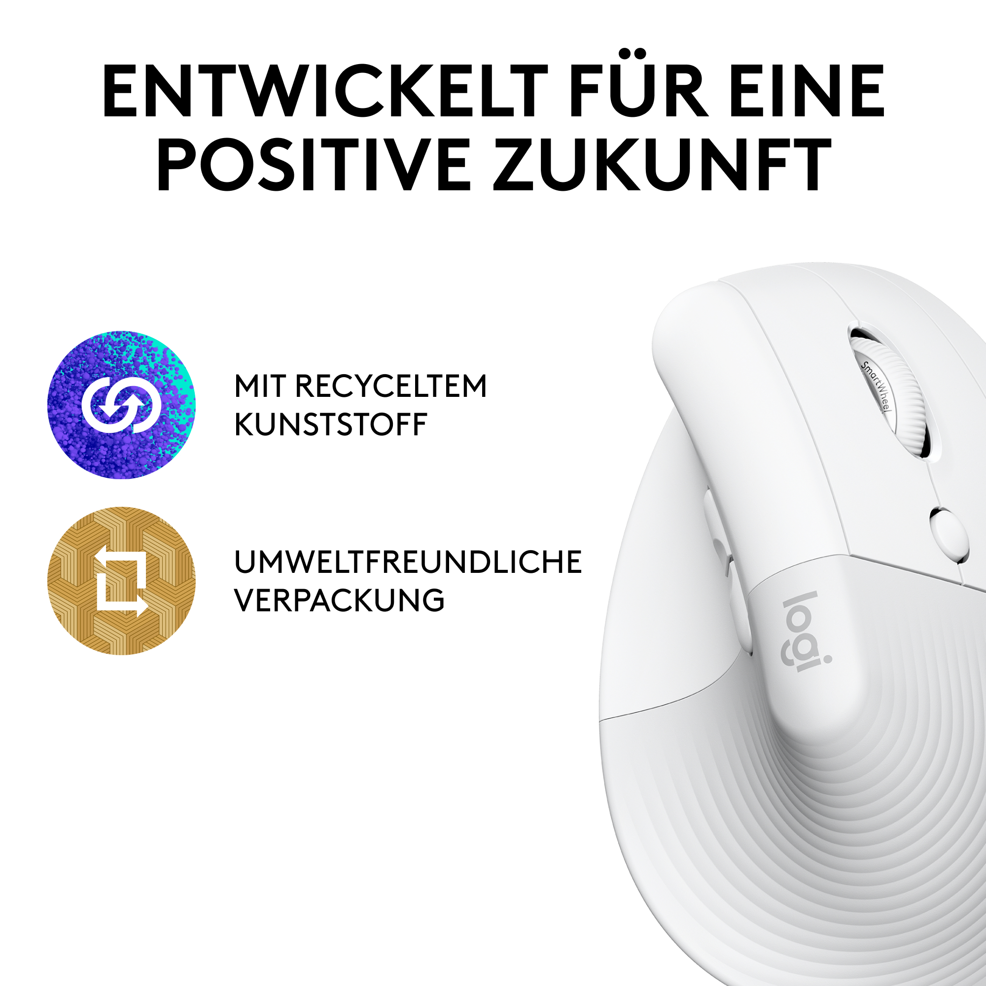 Eine weiße Maus mit Tasten und einem Scrollrad. Text beschreibt sie als umweltfreundlich.